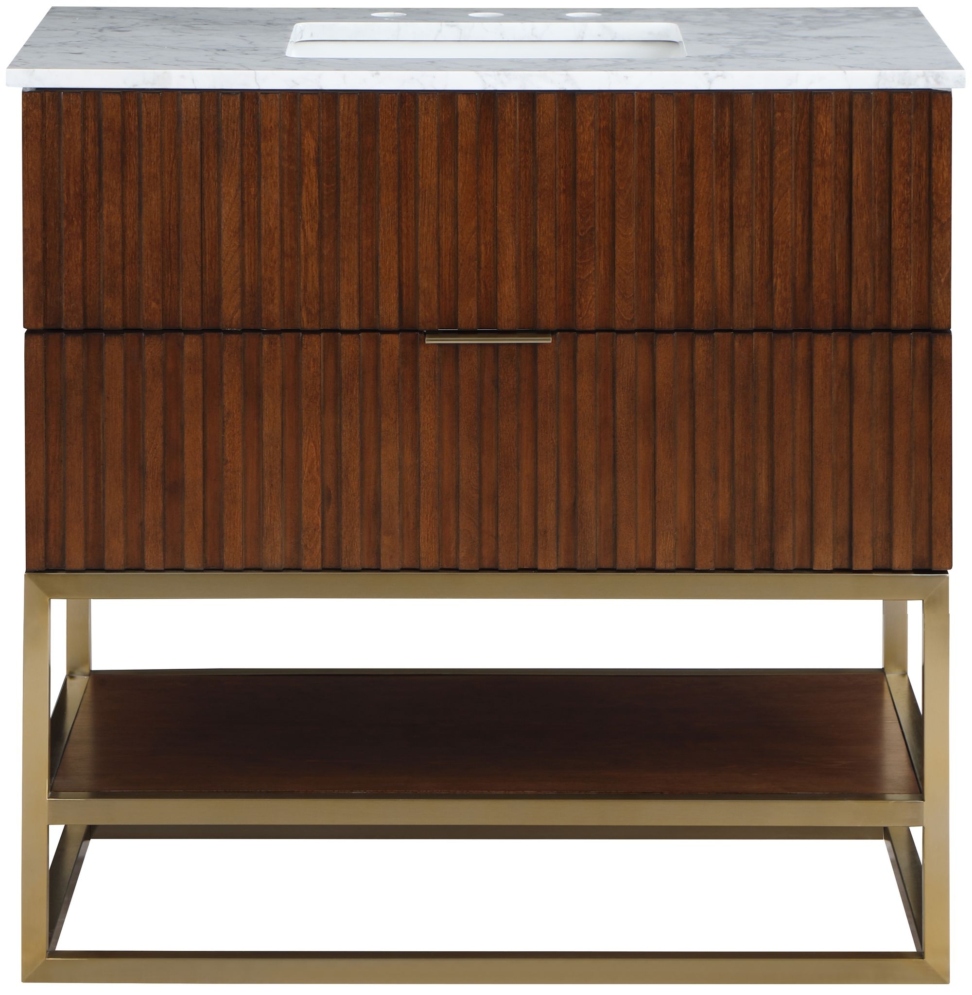 Monad 36" Marble & Wood Veneer Single Bathroom Vanity with Brushed Gold Base & Ceramic Sink