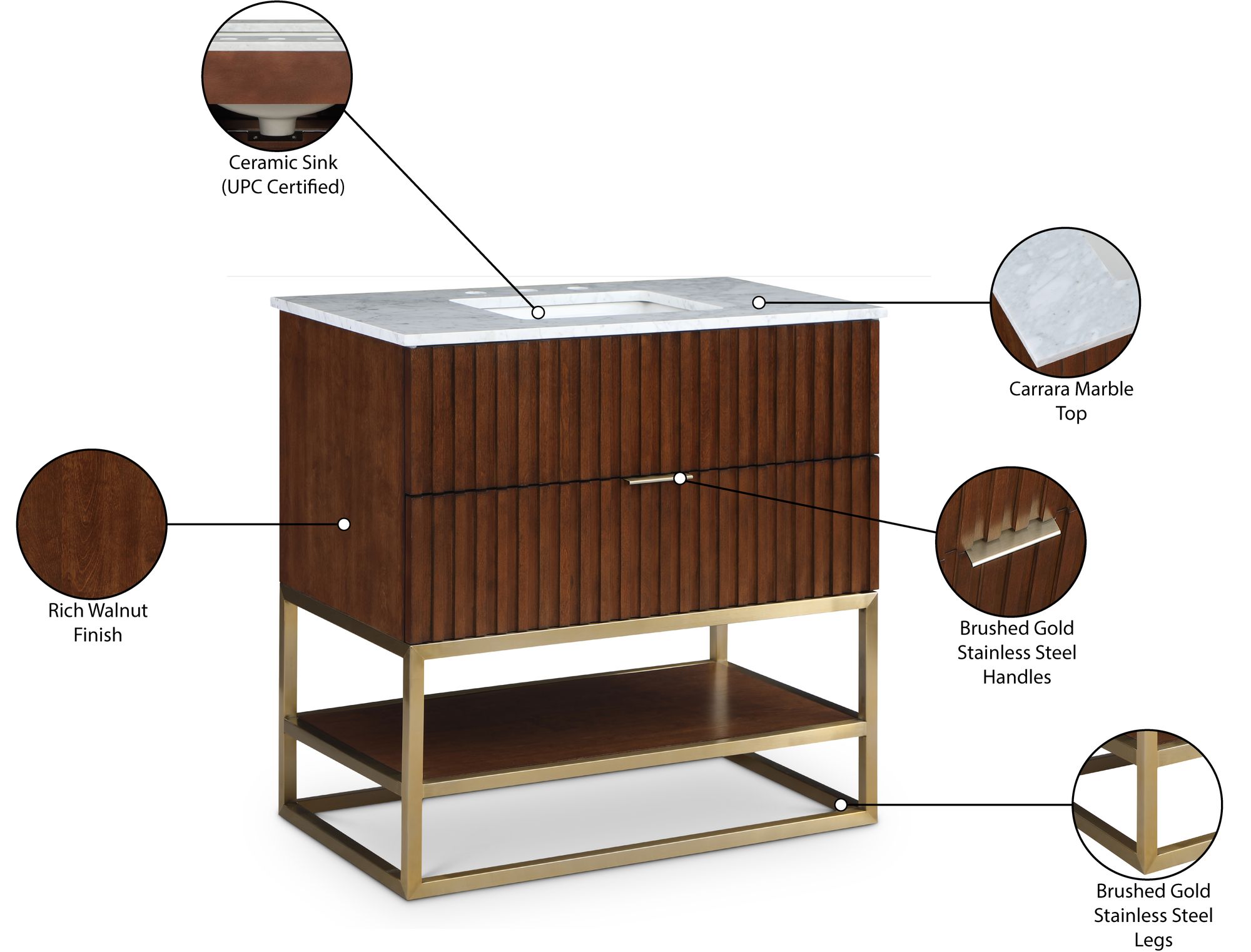 Monad 36" Marble & Wood Veneer Single Bathroom Vanity with Brushed Gold Base & Ceramic Sink