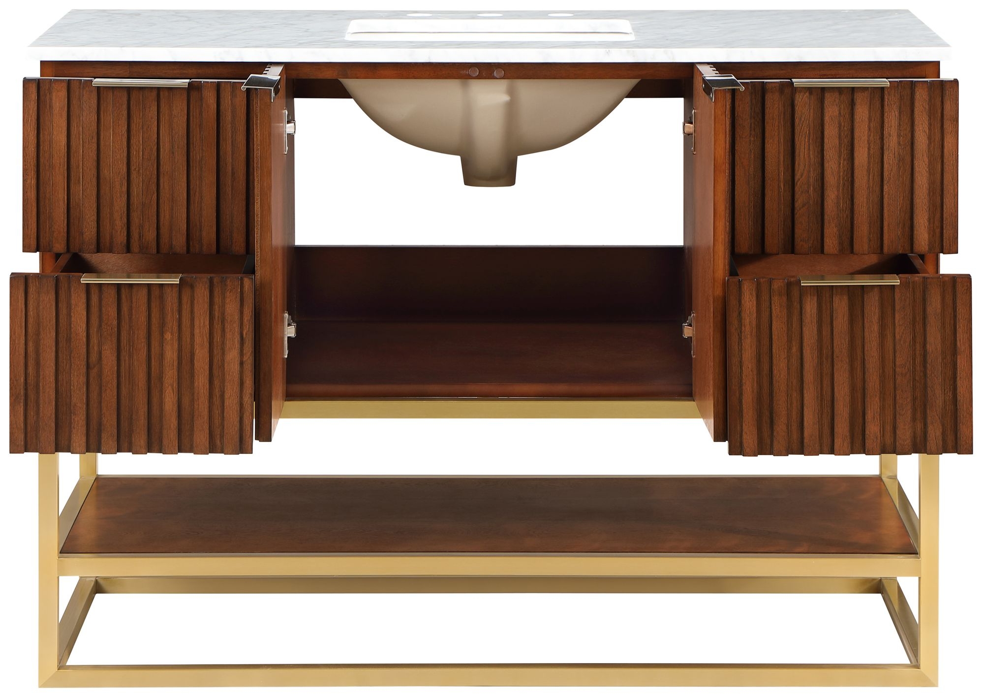 Monad 48" Marble & Wood Veneer Single Bathroom Vanity with Brushed Gold Base & Ceramic Sink