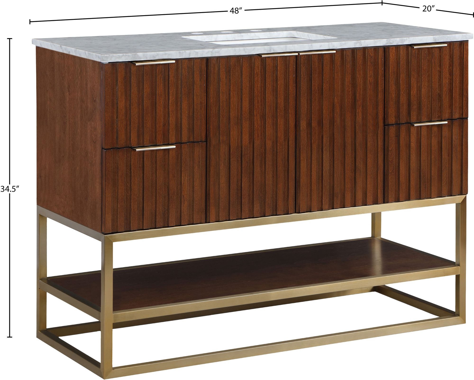 Monad 48" Marble & Wood Veneer Single Bathroom Vanity with Brushed Gold Base & Ceramic Sink