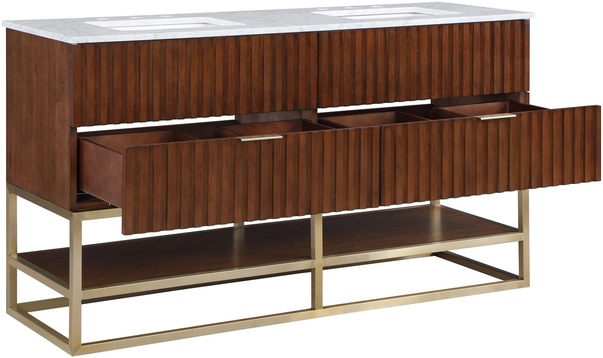 Monad 60" Marble & Wood Veneer Double Bathroom Vanity with Brushed Gold Base & Ceramic Sinks