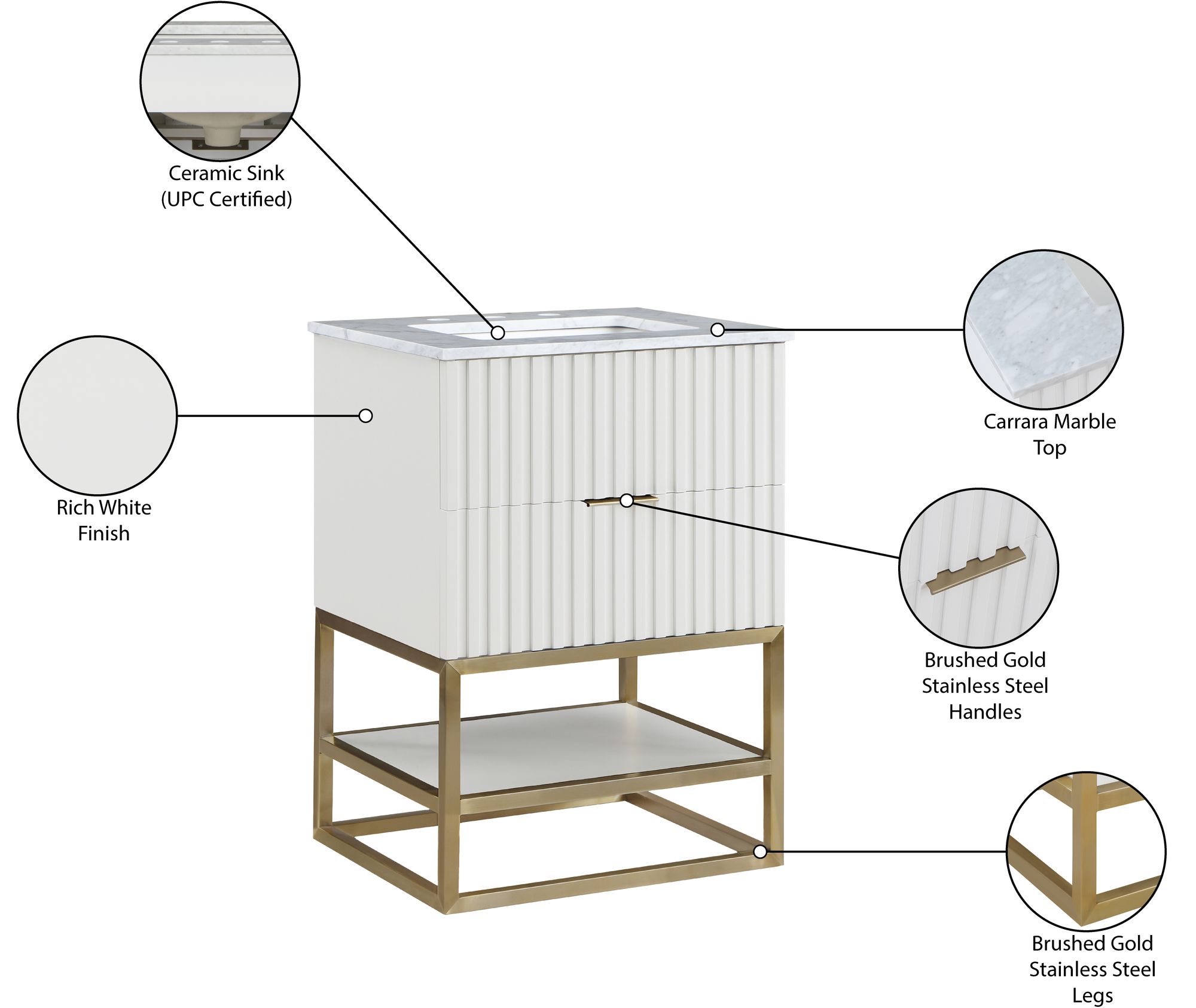 Monad 24" Marble & Wood Veneer Single Bathroom Vanity with Brushed Gold Base & Ceramic Sink