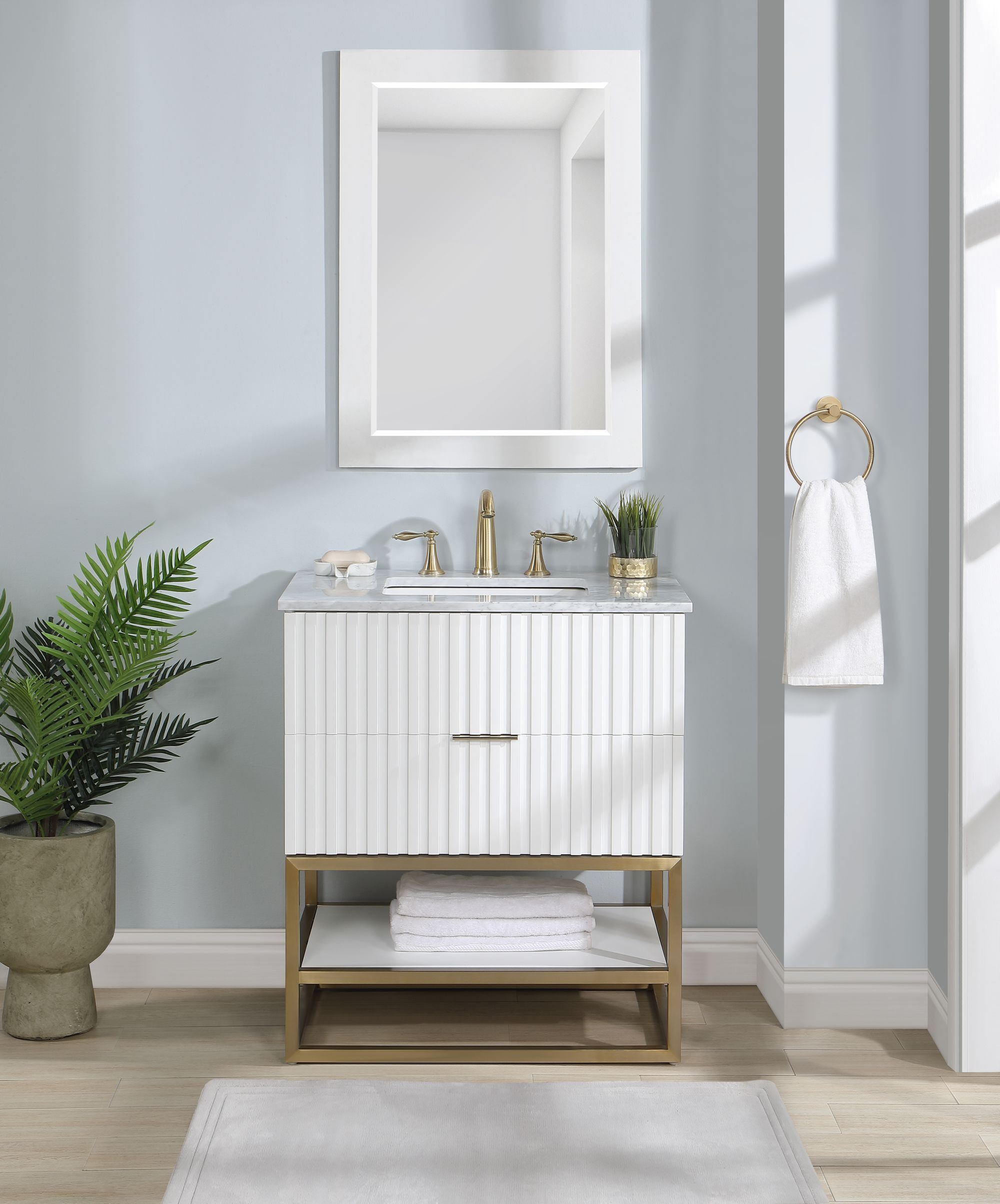 Monad 30" Marble & Wood Veneer Single Bathroom Vanity with Brushed Gold Base & Ceramic Sink
