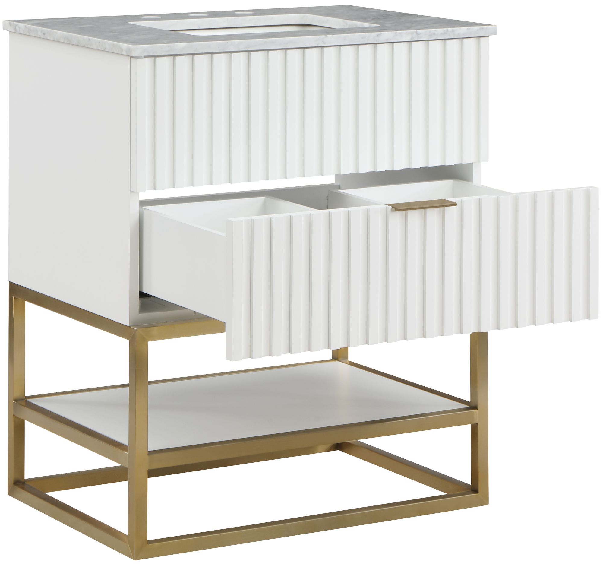 Monad 30" Marble & Wood Veneer Single Bathroom Vanity with Brushed Gold Base & Ceramic Sink