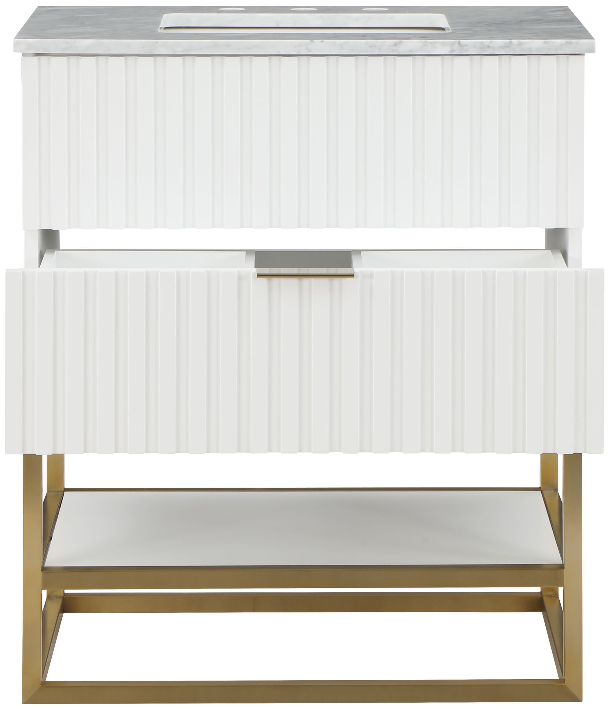 Monad 30" Marble & Wood Veneer Single Bathroom Vanity with Brushed Gold Base & Ceramic Sink