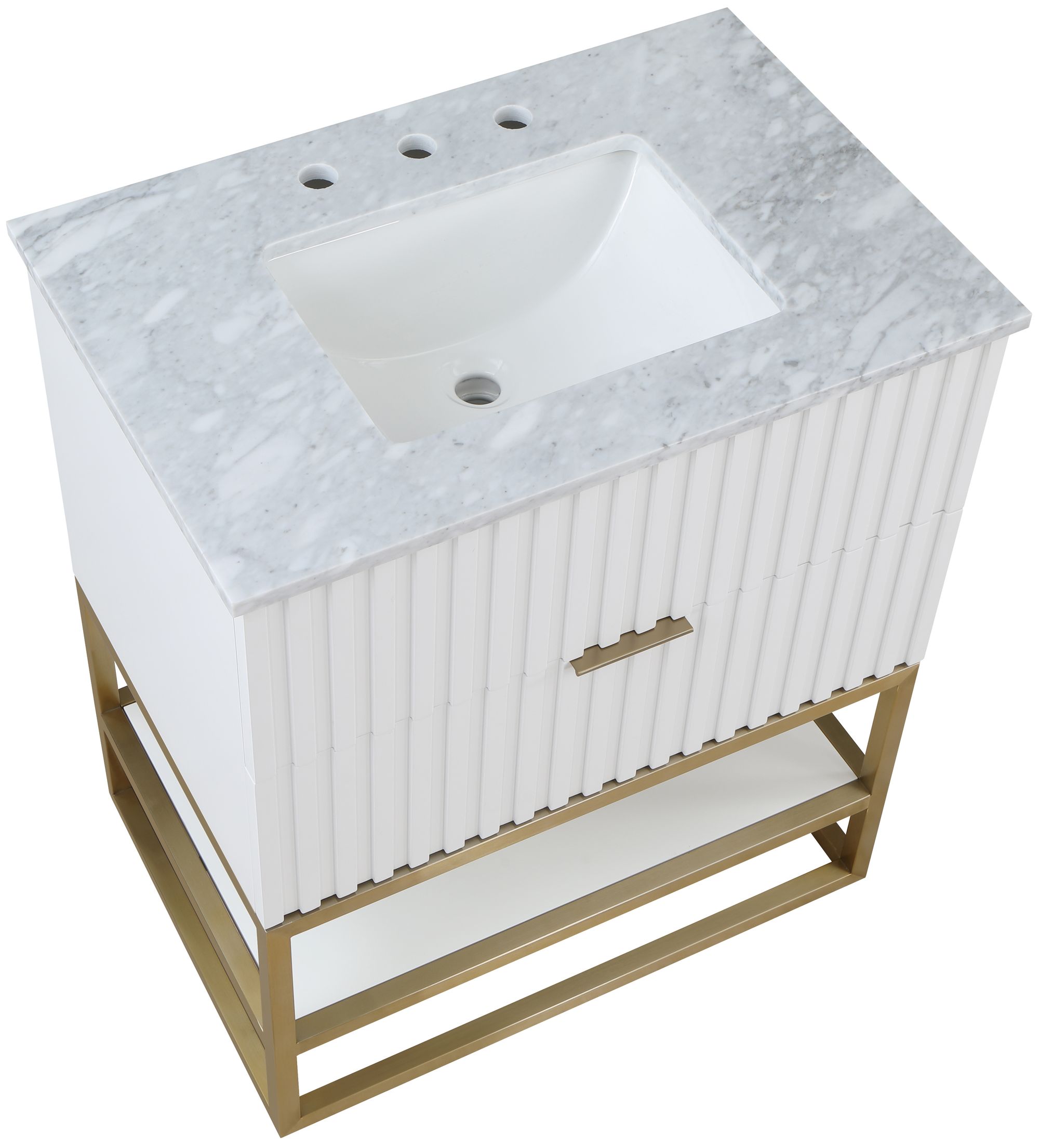 Monad 30" Marble & Wood Veneer Single Bathroom Vanity with Brushed Gold Base & Ceramic Sink