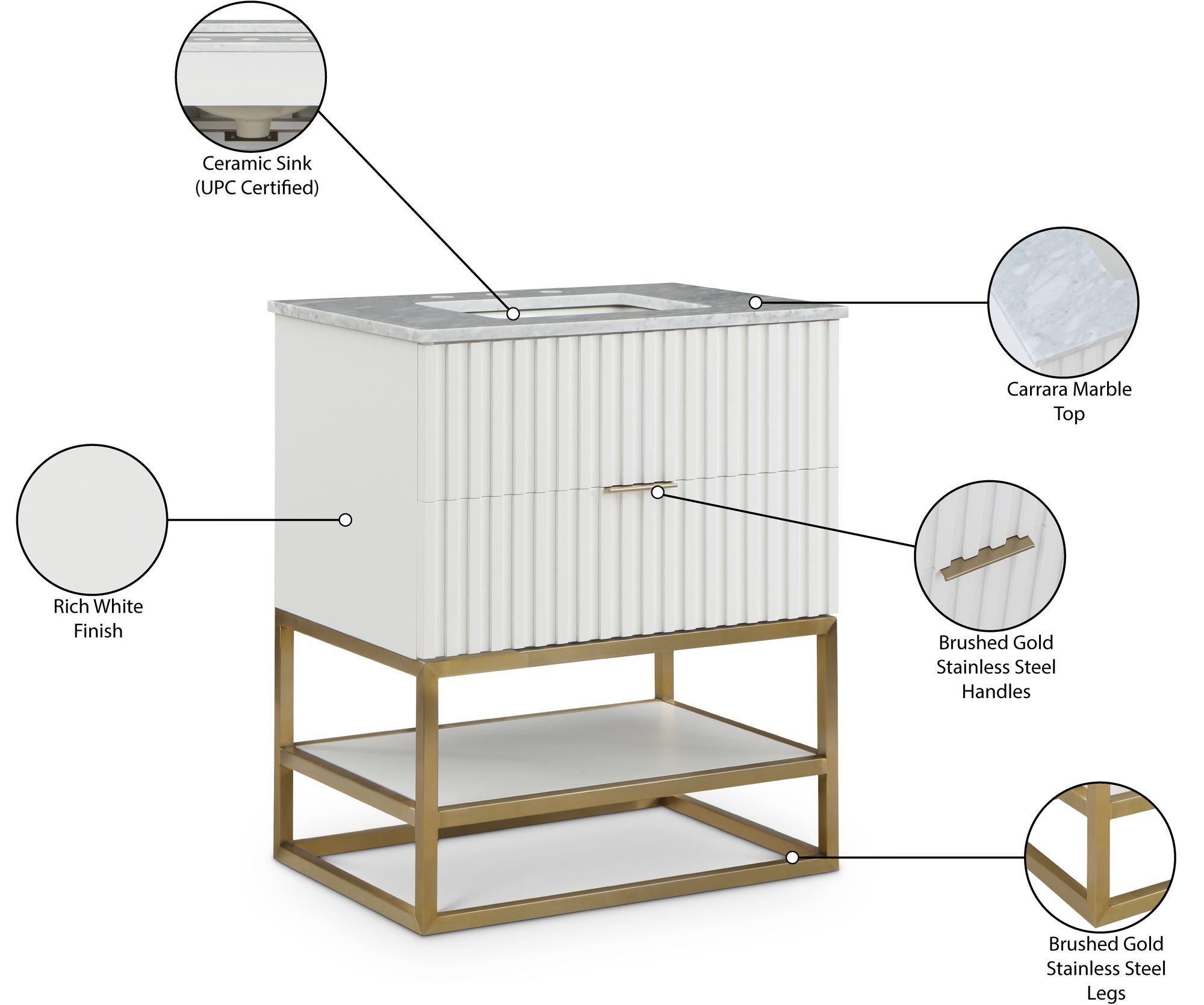 Monad 30" Marble & Wood Veneer Single Bathroom Vanity with Brushed Gold Base & Ceramic Sink