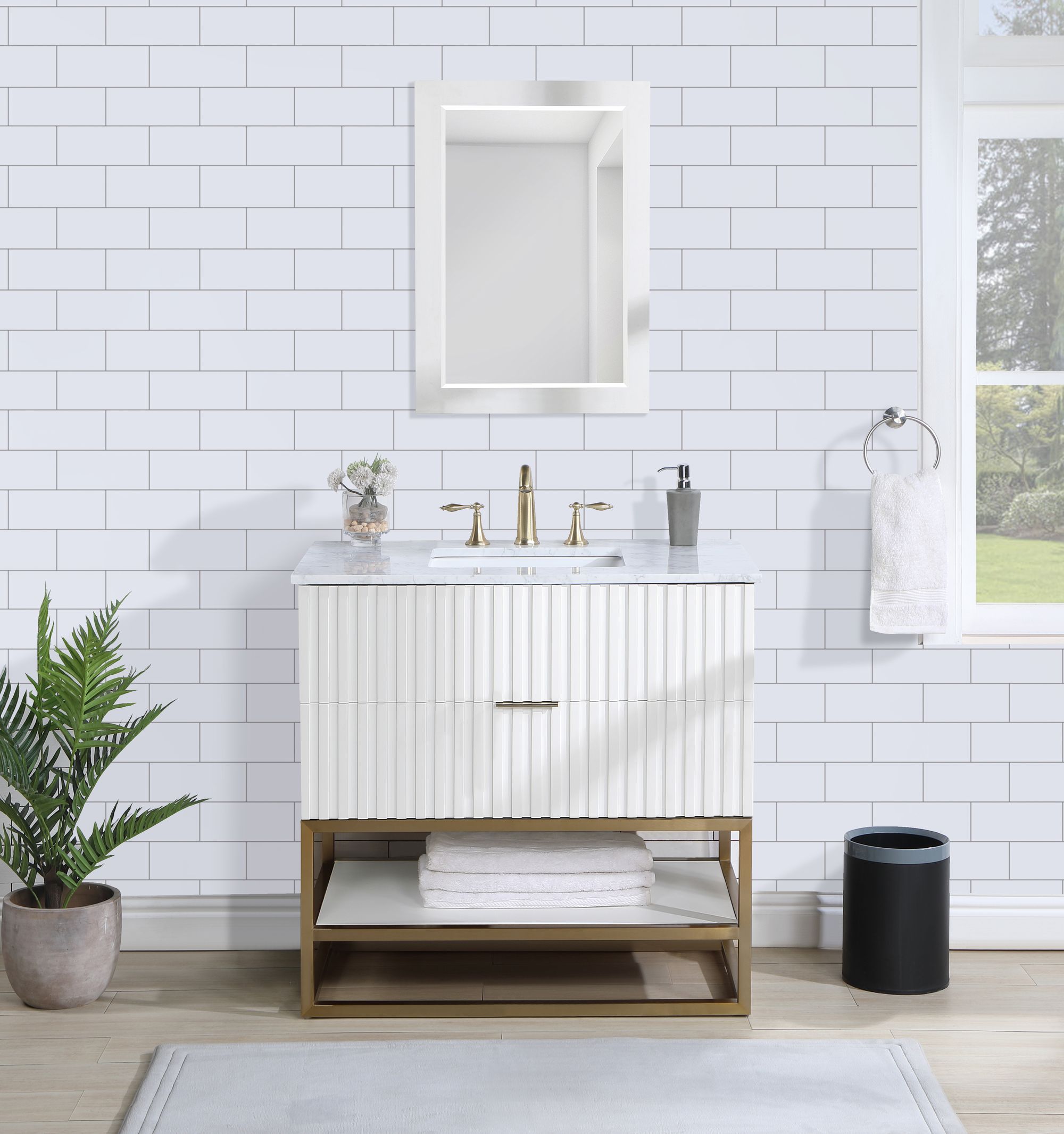 Monad 36" Marble & Wood Veneer Single Bathroom Vanity with Brushed Gold Base & Ceramic Sink