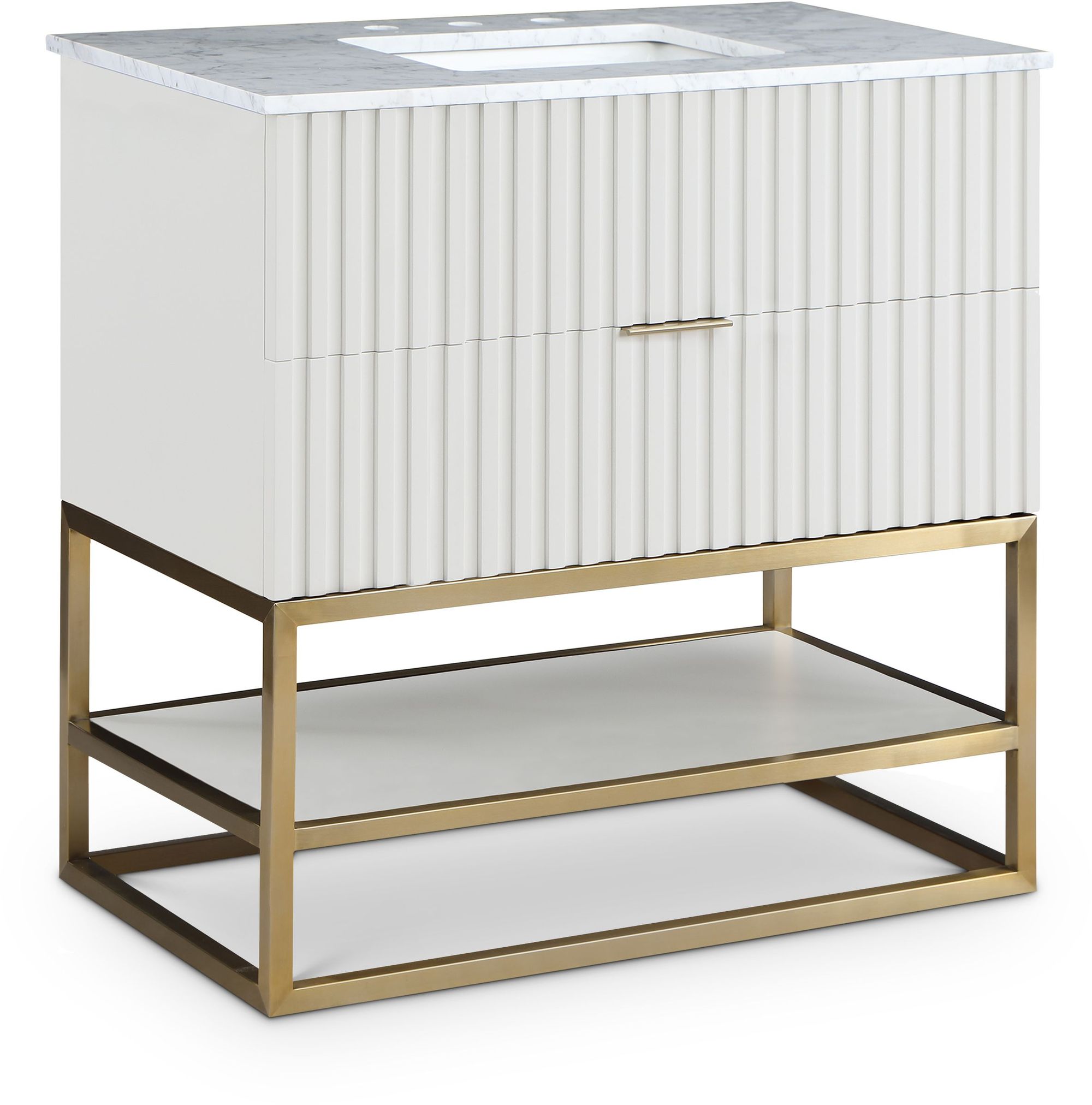 Monad 36" Marble & Wood Veneer Single Bathroom Vanity with Brushed Gold Base & Ceramic Sink