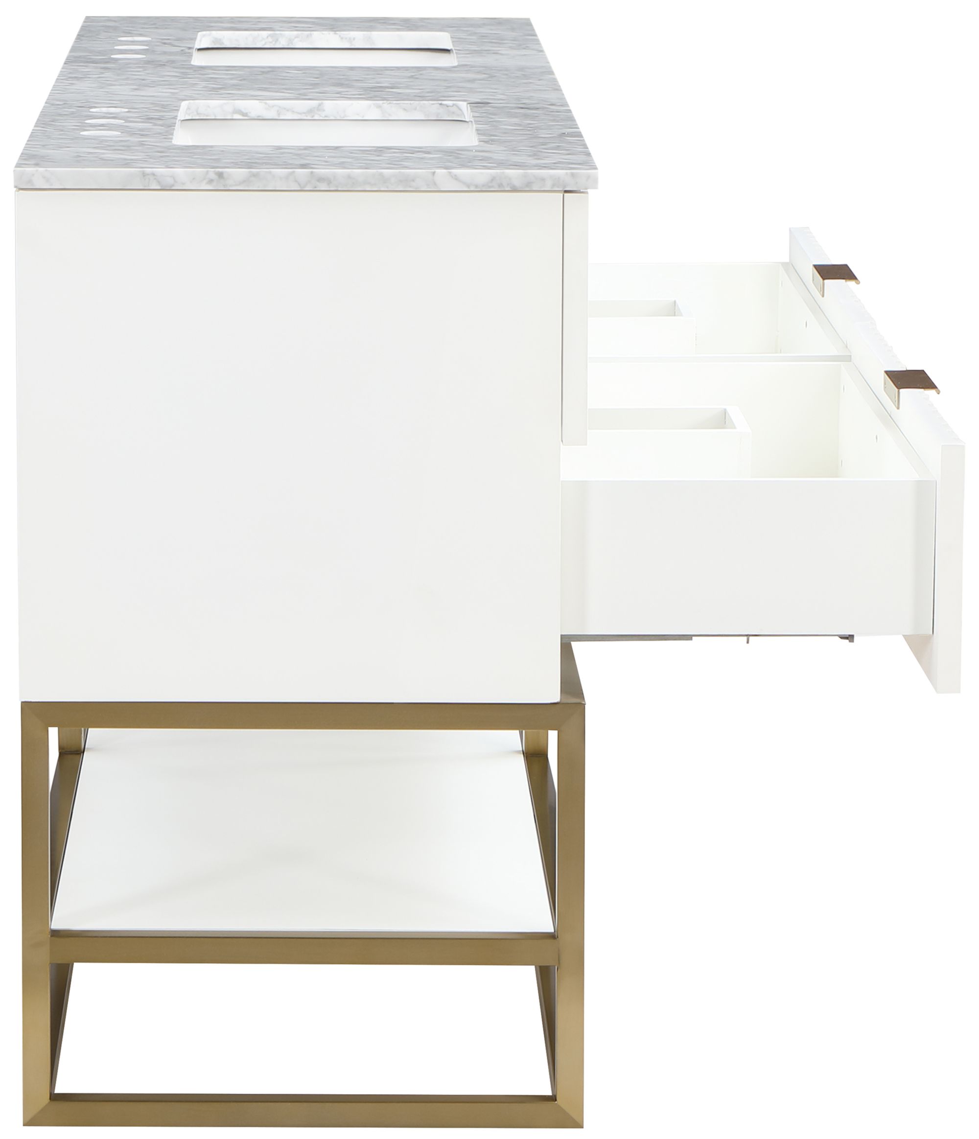 Monad 60" Marble & Wood Veneer Double Bathroom Vanity with Brushed Gold Base & Ceramic Sinks