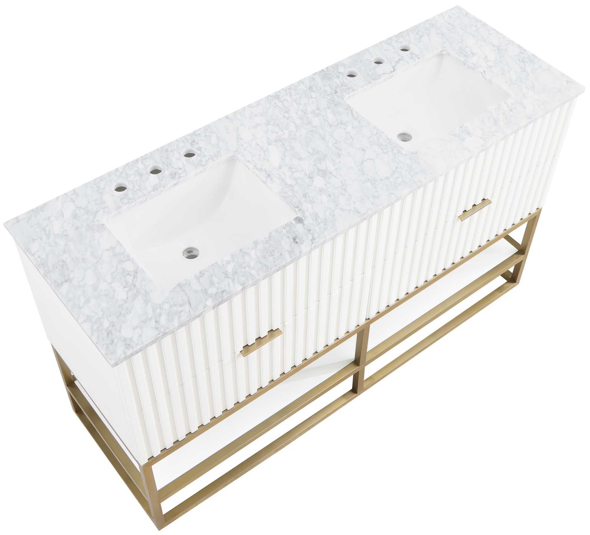 Monad 60" Marble & Wood Veneer Double Bathroom Vanity with Brushed Gold Base & Ceramic Sinks
