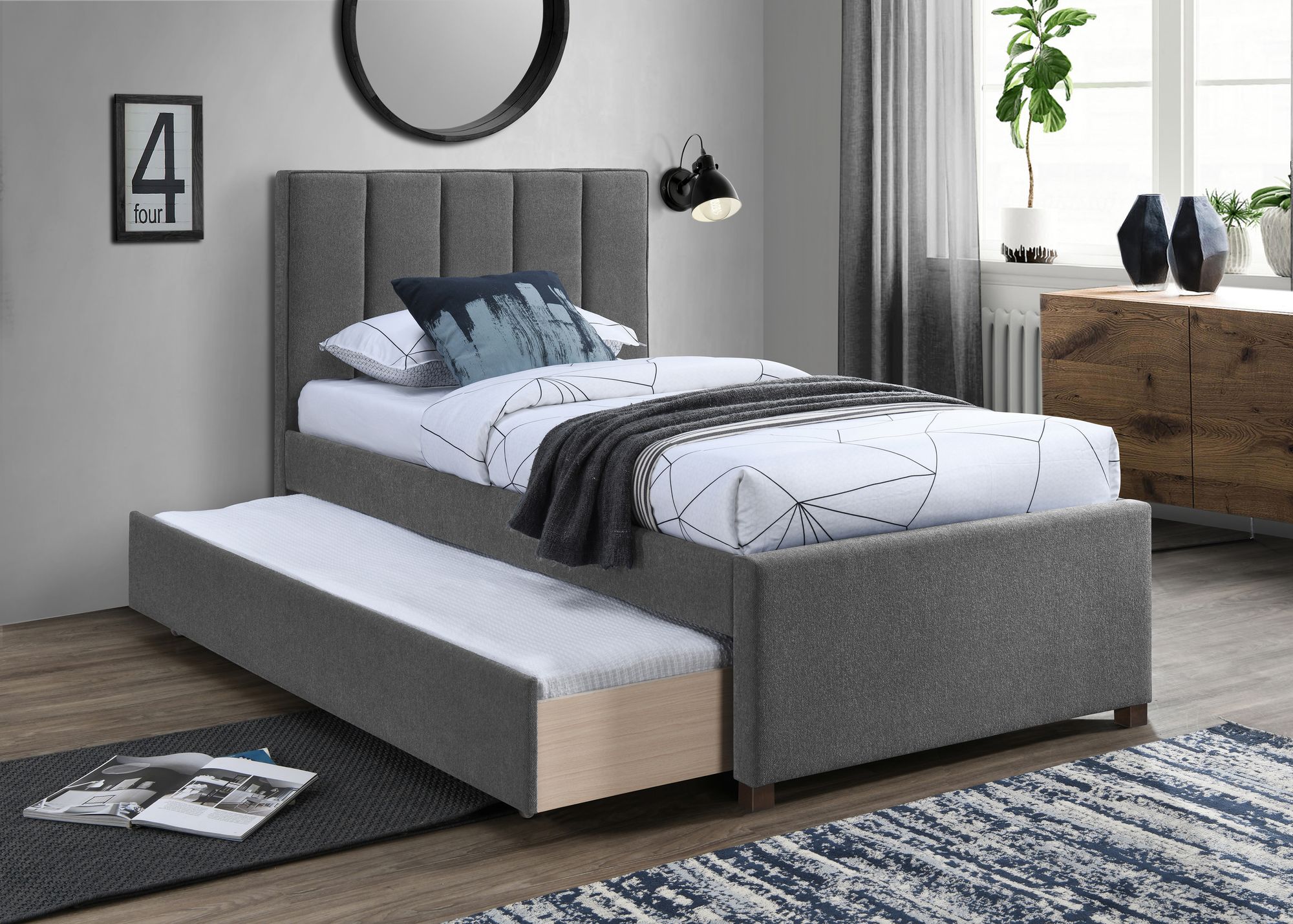 Harper Linen Fabric Twin Size Trundle Bed
