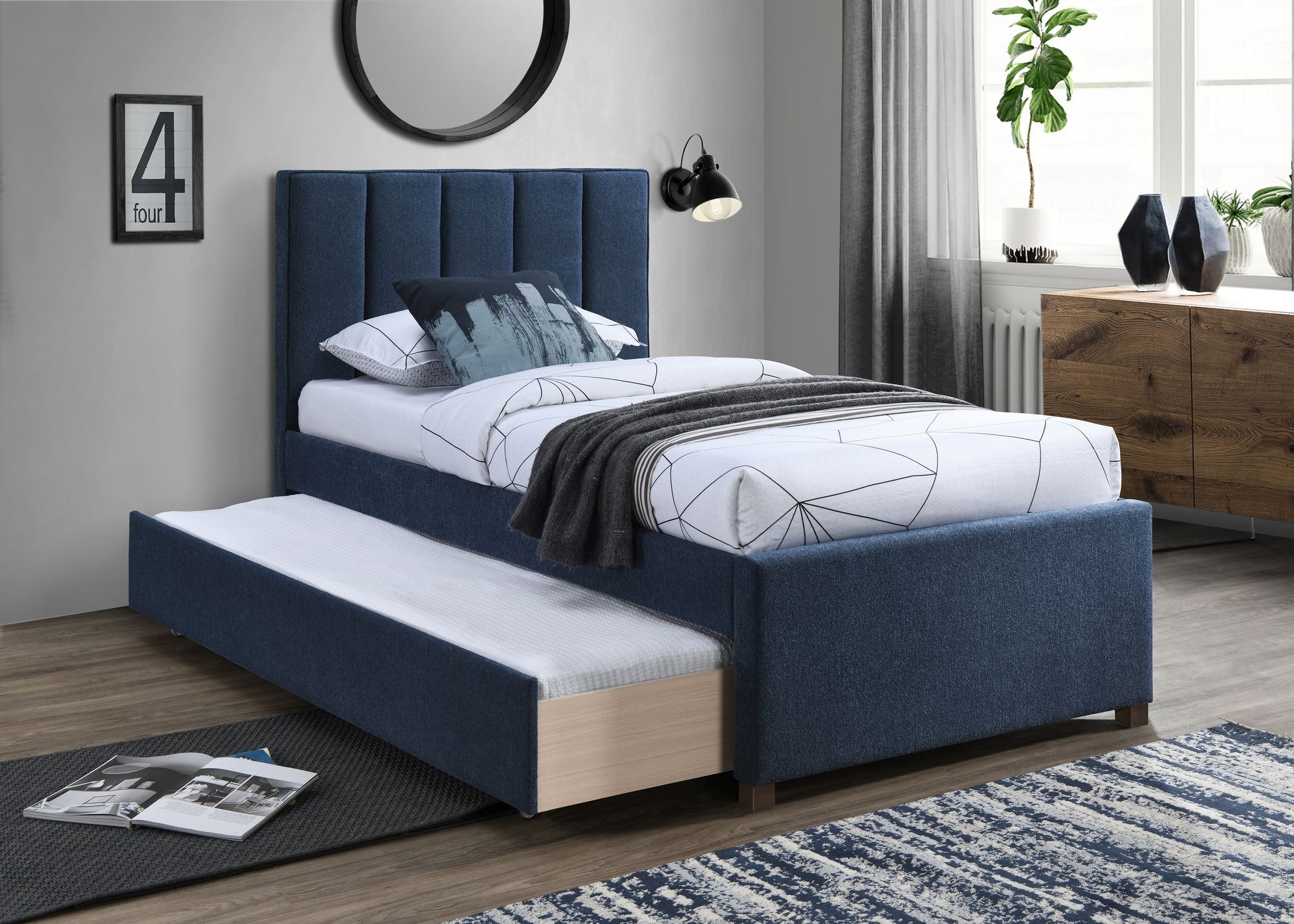 Harper Linen Fabric Twin Size Trundle Bed