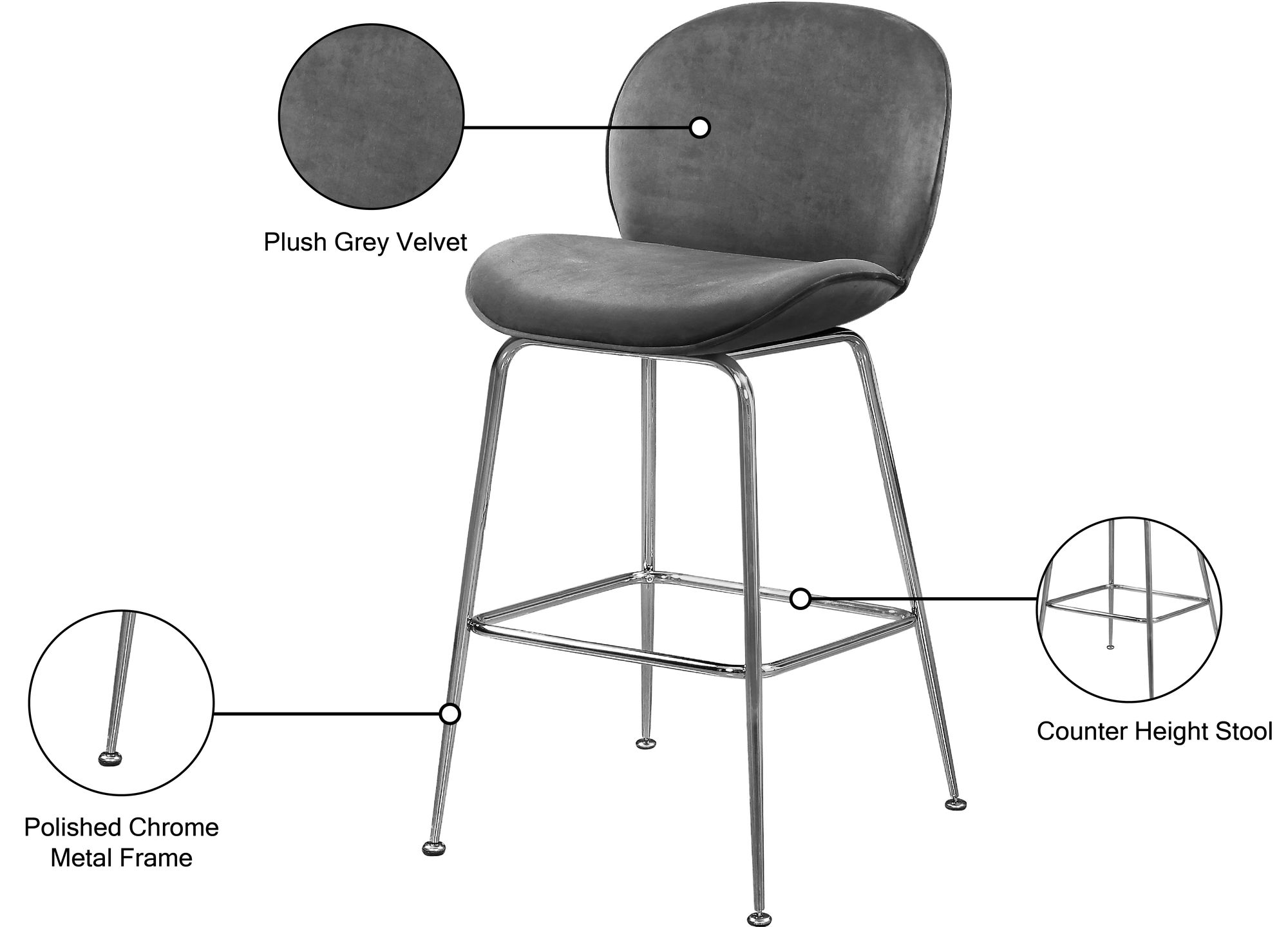 Paris Velvet Counter Stool with Polished Chrome Metal Frame