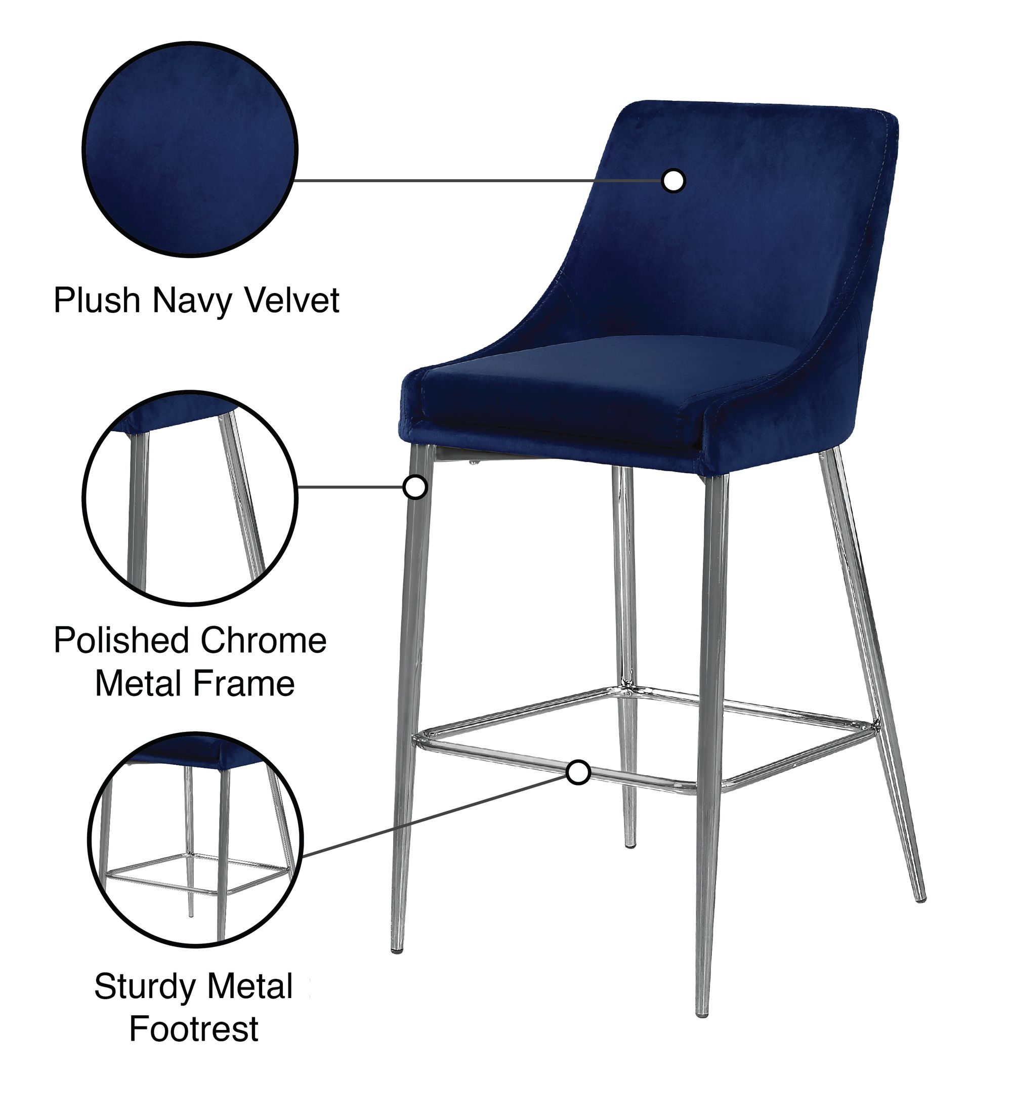 Karina Velvet Counter Stool with Polished Chrome Metal Frame