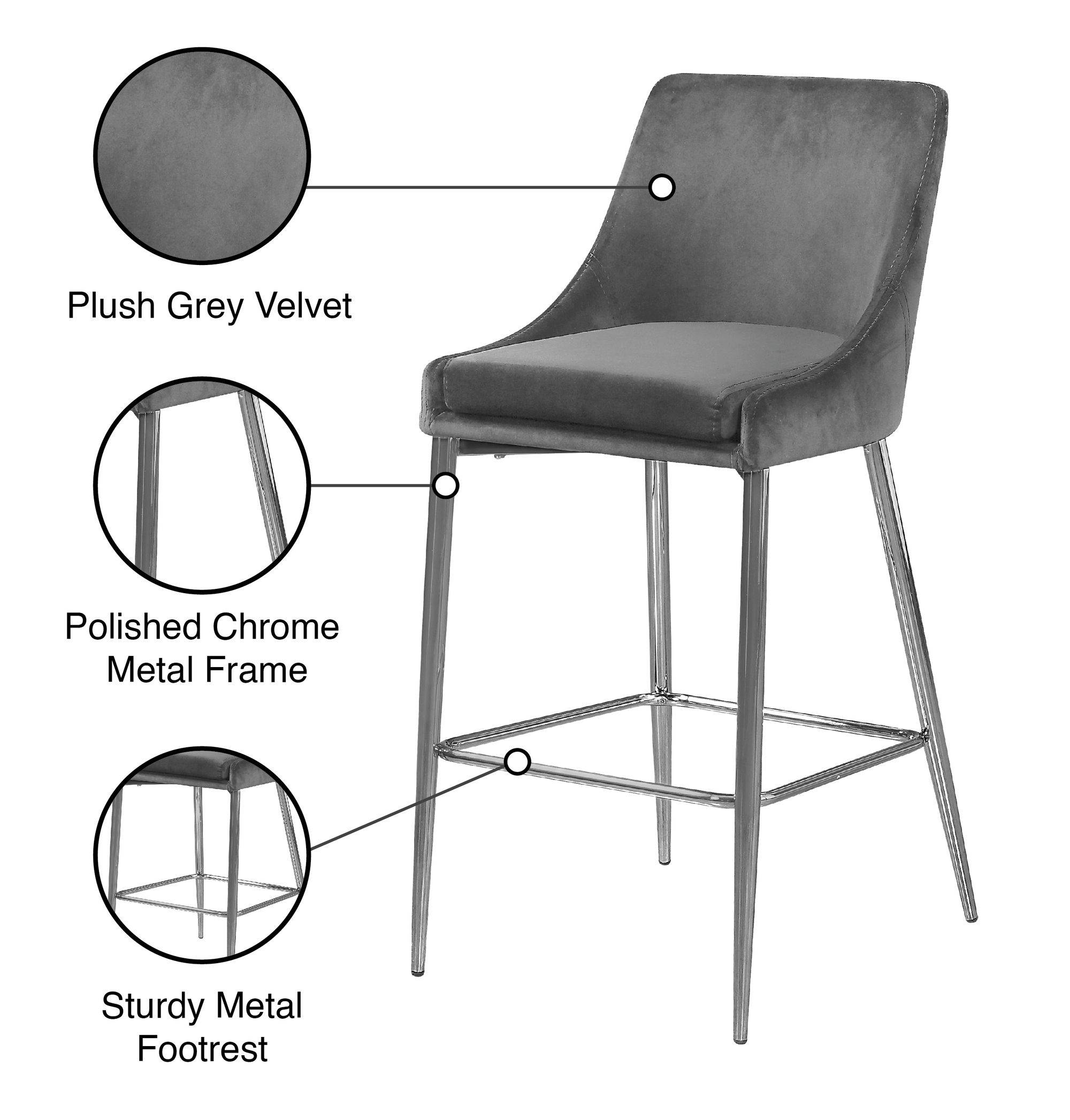 Karina Velvet Counter Stool with Polished Chrome Metal Frame