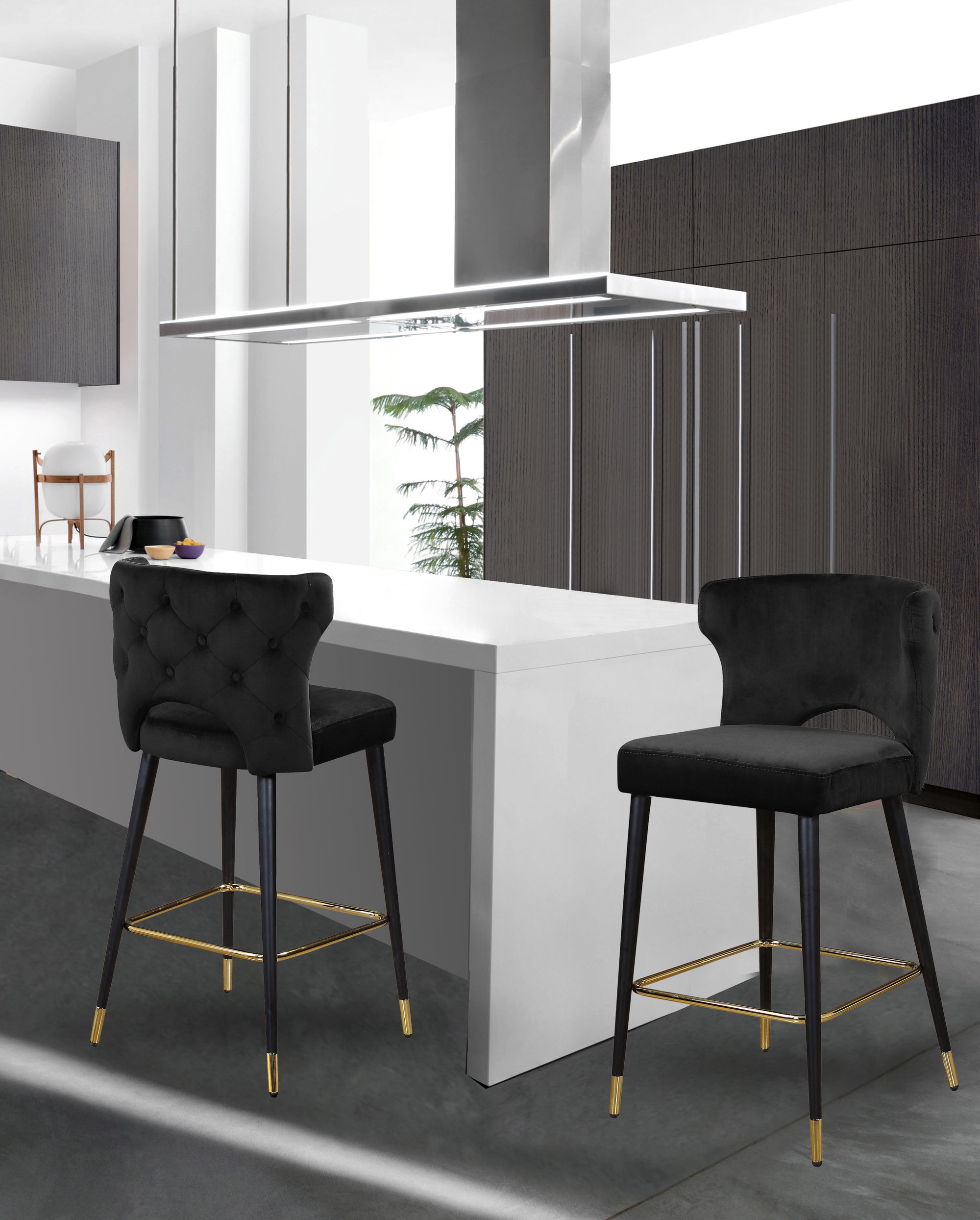 Kelly Velvet Counter Stool with Black Metal Legs & Gold Tips