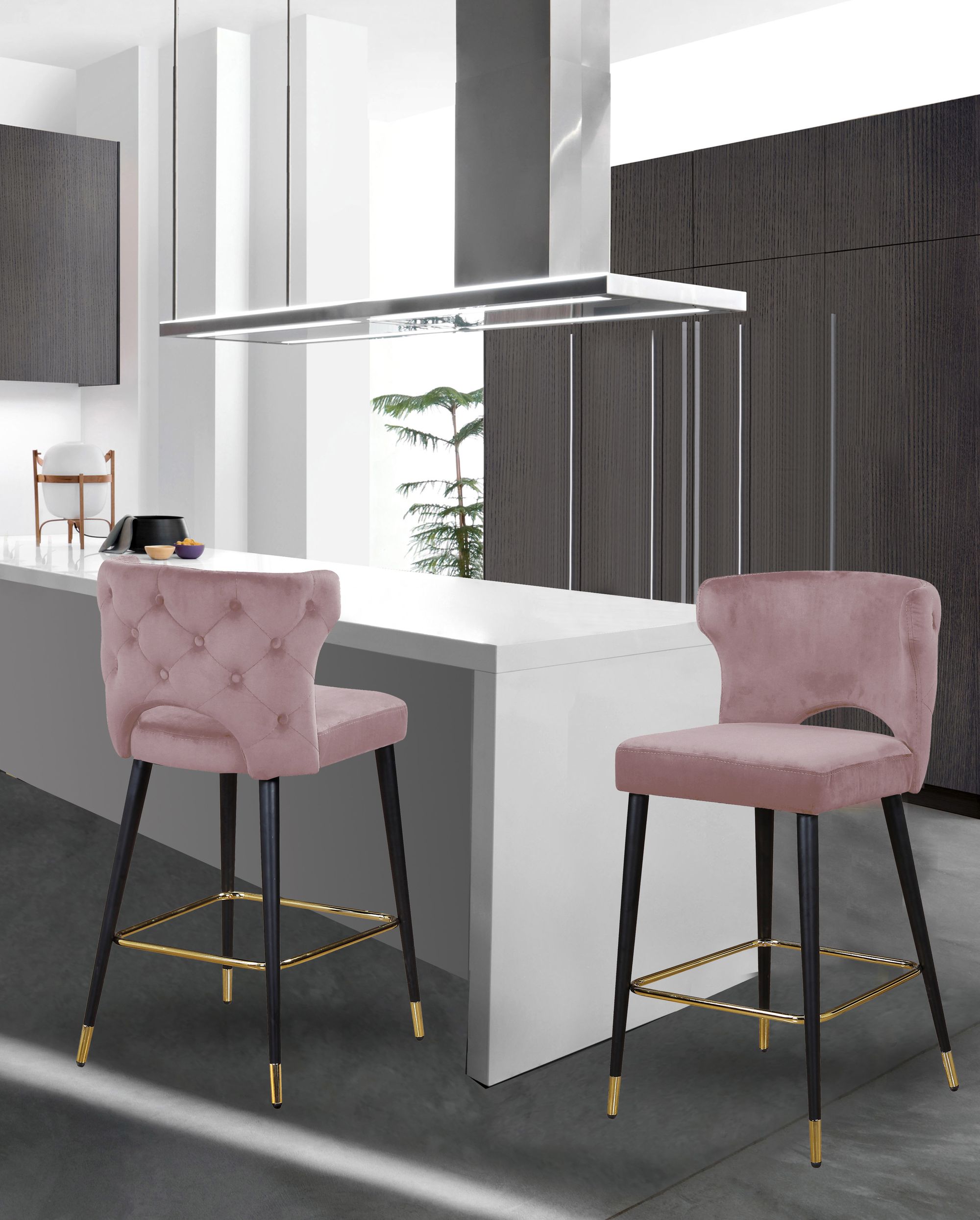 Kelly Velvet Counter Stool with Black Metal Legs & Gold Tips