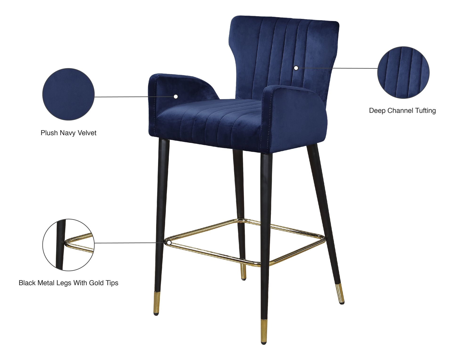 Luxe Velvet Counter Stool with Black Metal Legs & Gold Tips