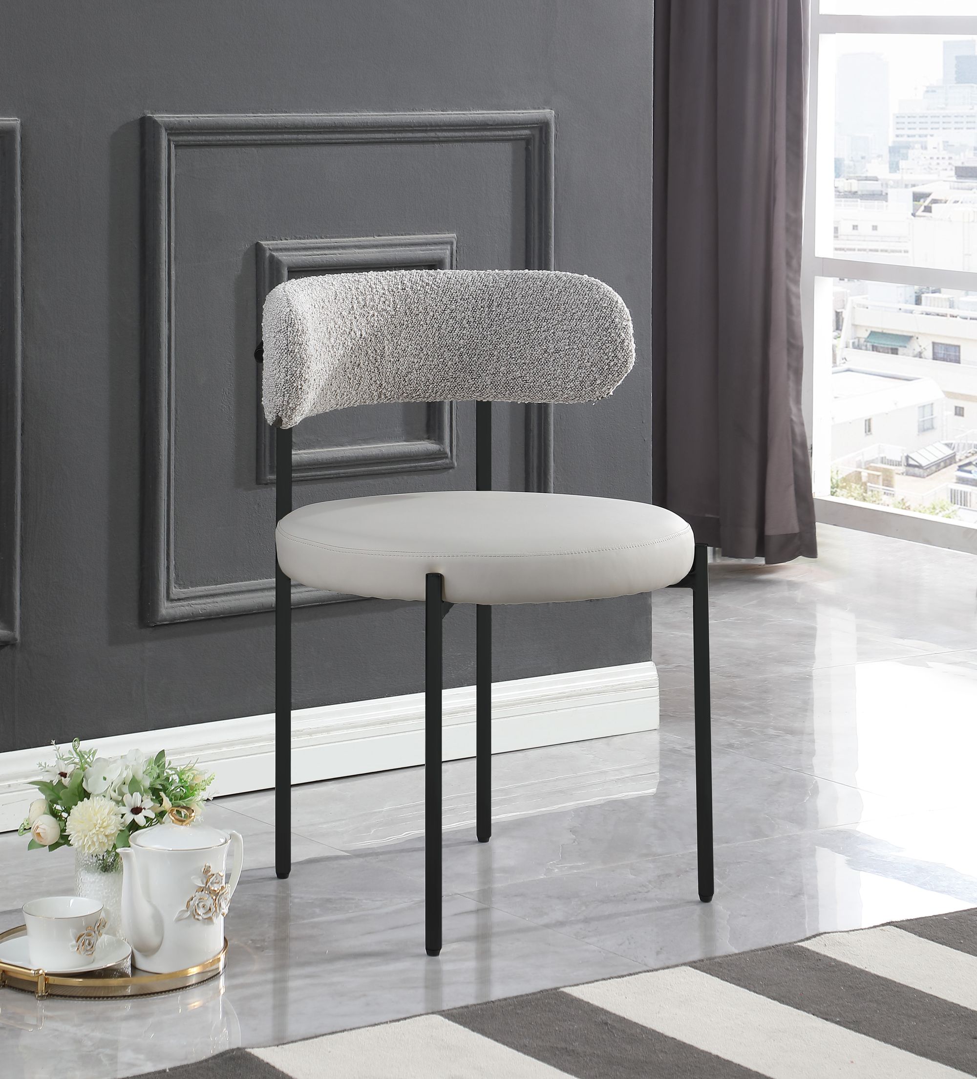Beacon Faux Leather & Boucle Fabric Dining Chair with Matte Black Metal Frame