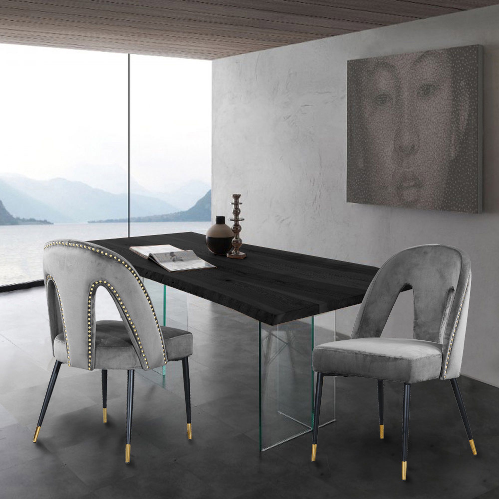 Akoya Velvet Dining Chair with Black Metal Legs & Gold Tips