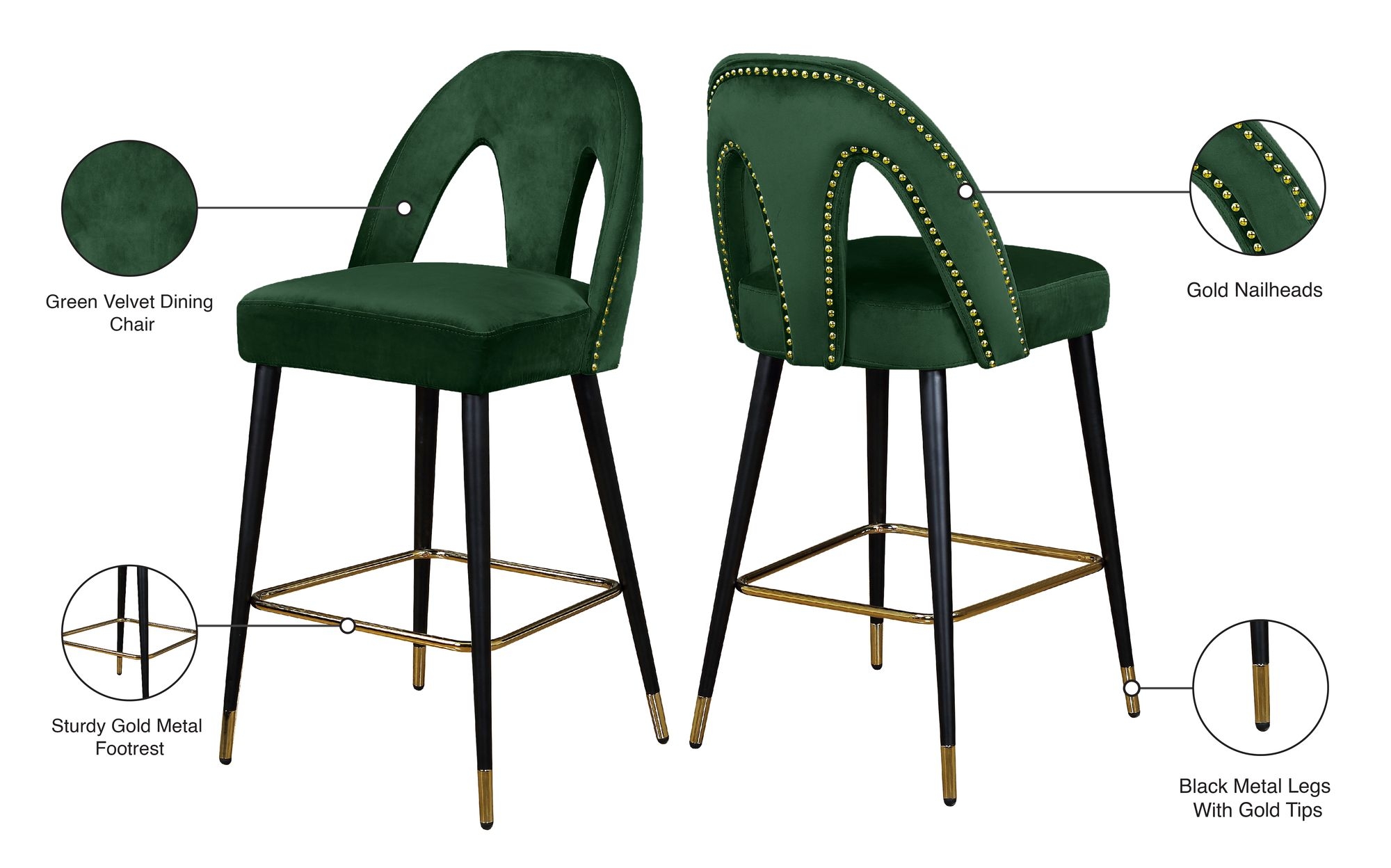 Akoya Velvet Counter Stool with Black Metal Legs & Gold Tips