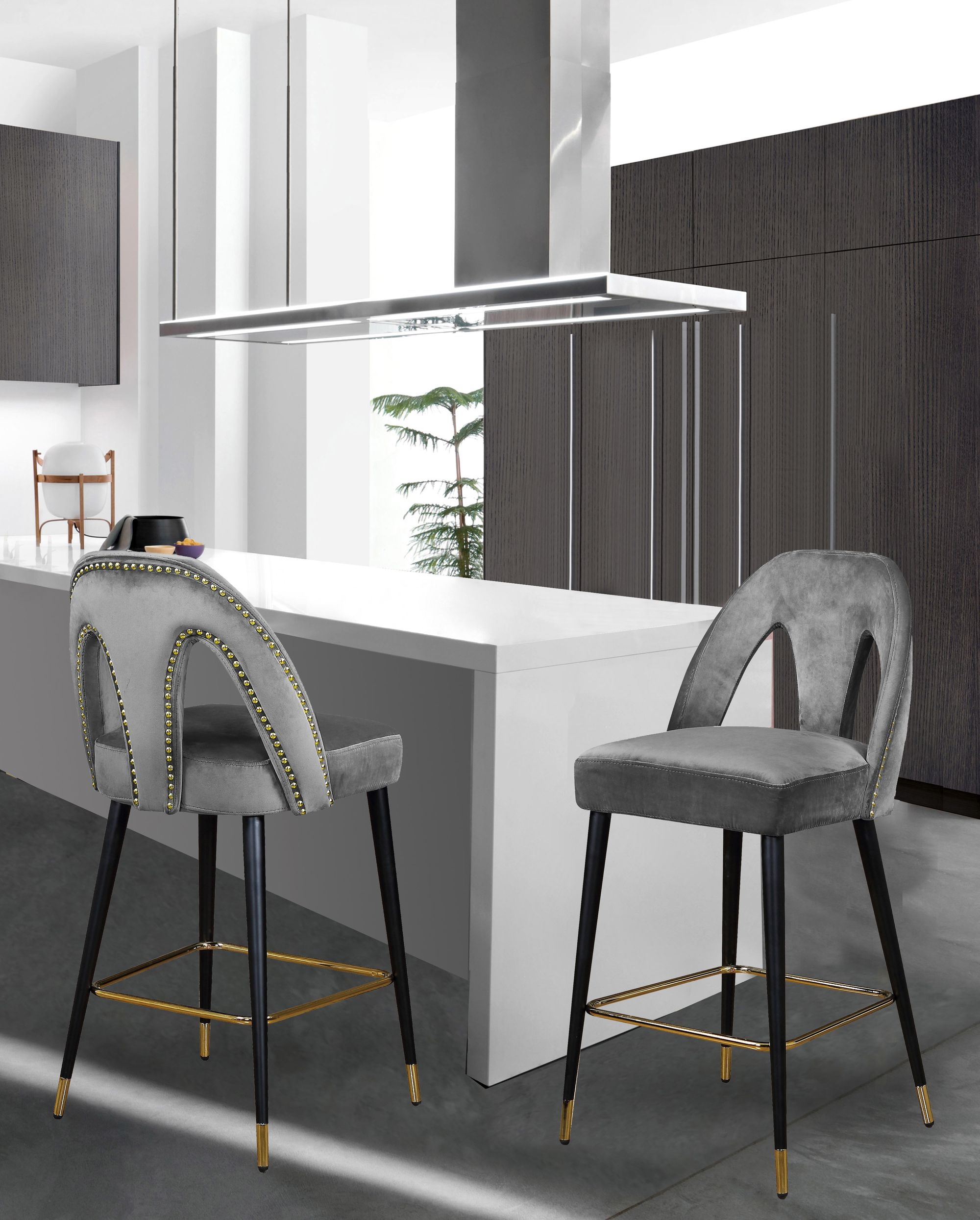 Akoya Velvet Counter Stool with Black Metal Legs & Gold Tips