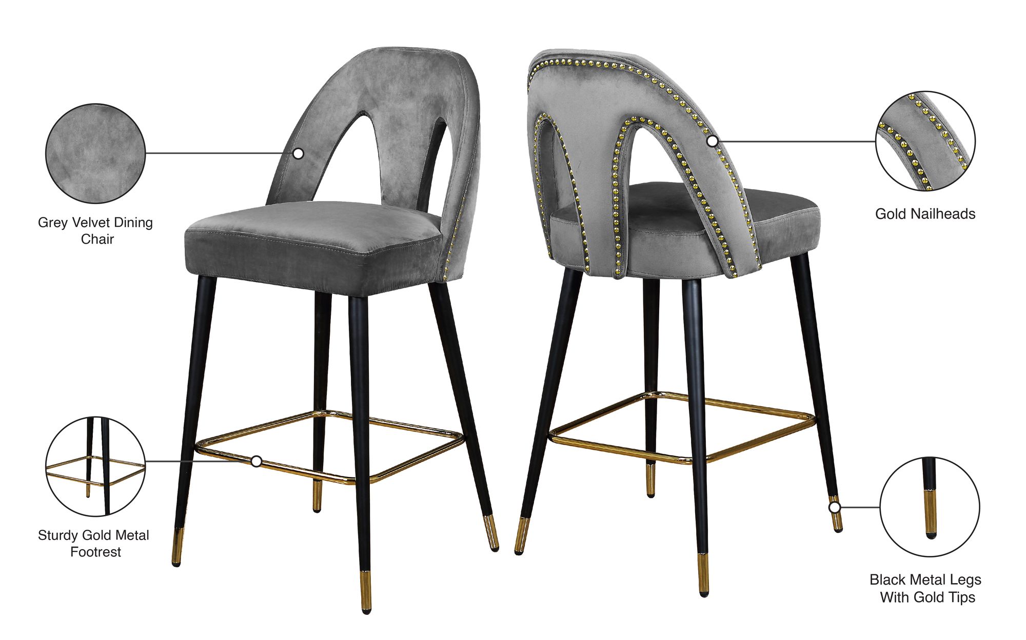 Akoya Velvet Counter Stool with Black Metal Legs & Gold Tips