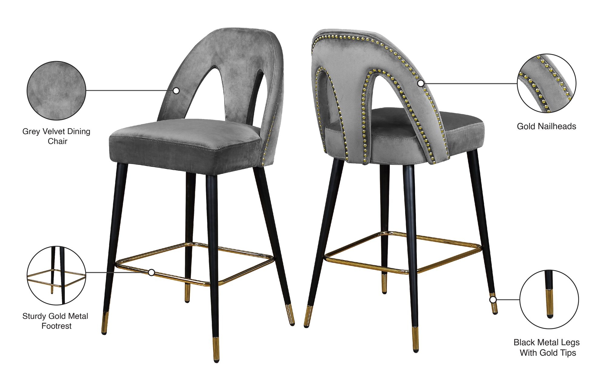 Akoya Velvet Counter Stool with Black Metal Legs & Gold Tips