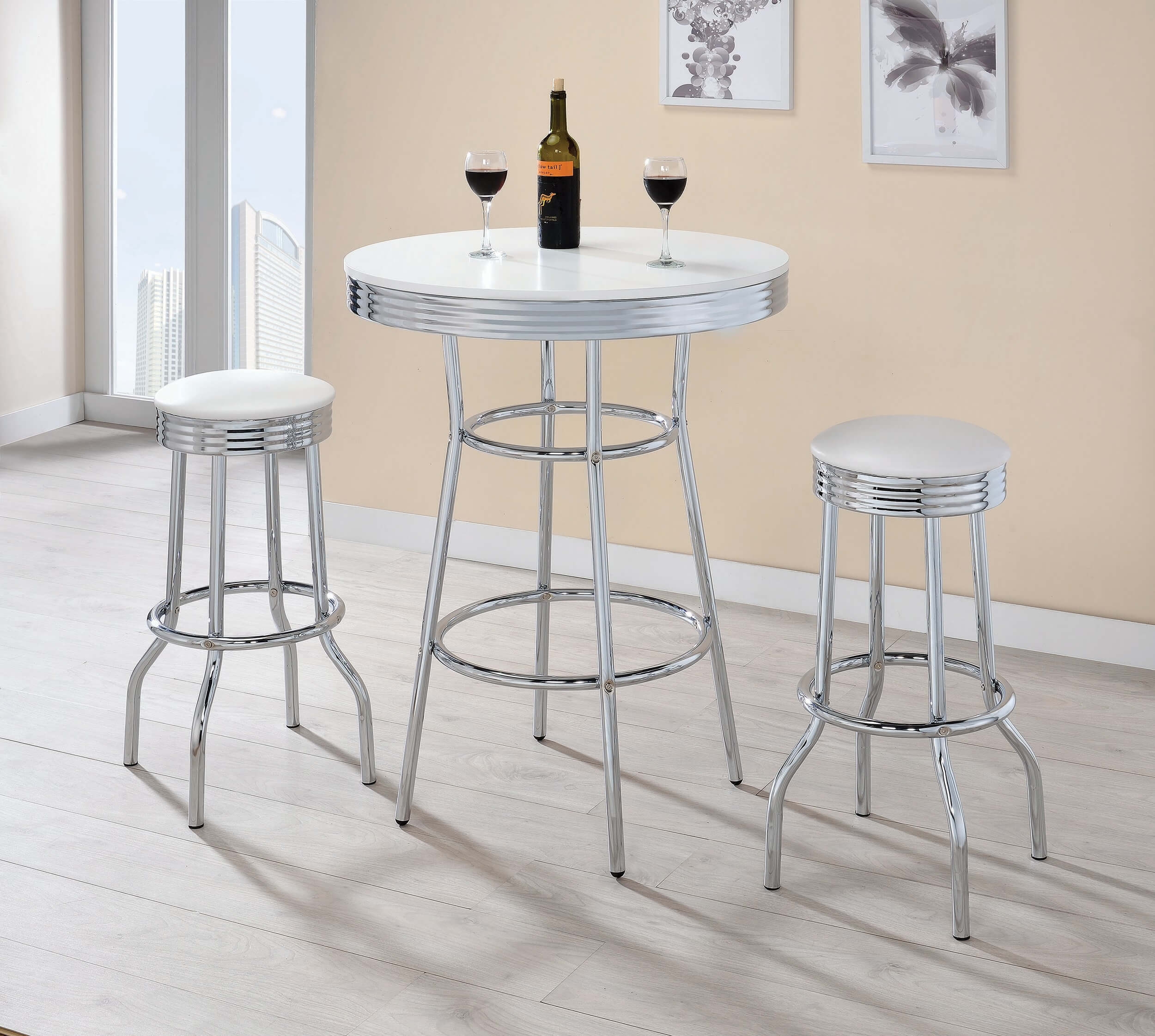 Theodore Wood Veneer Round Bar Table with Chrome Base