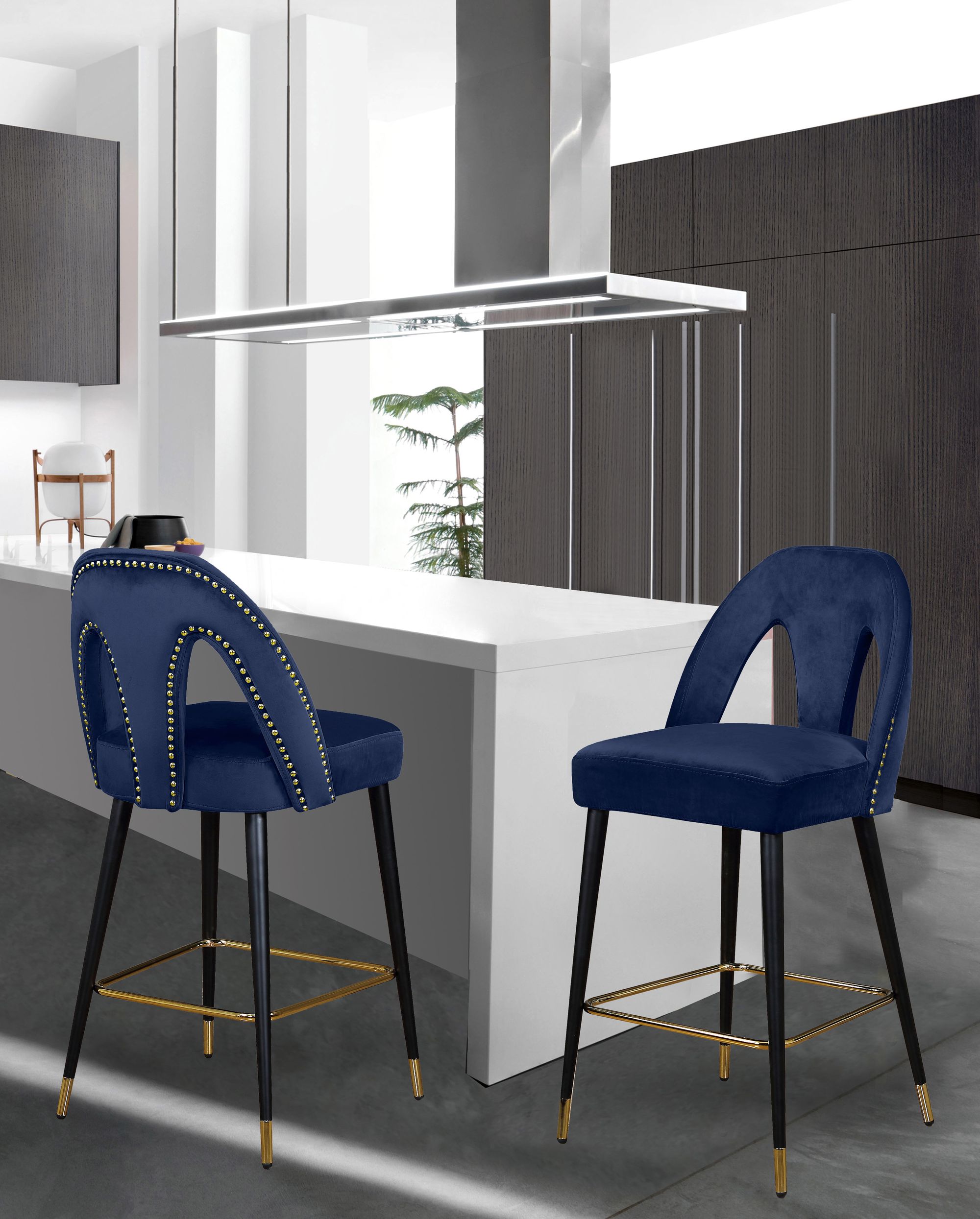 Akoya Velvet Counter Stool with Black Metal Legs & Gold Tips