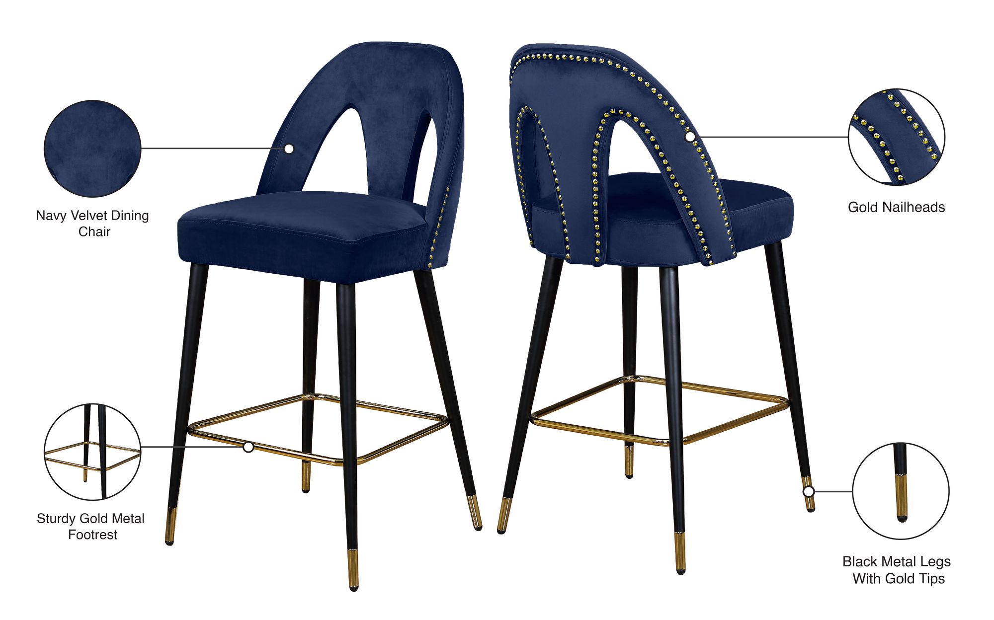 Akoya Velvet Counter Stool with Black Metal Legs & Gold Tips