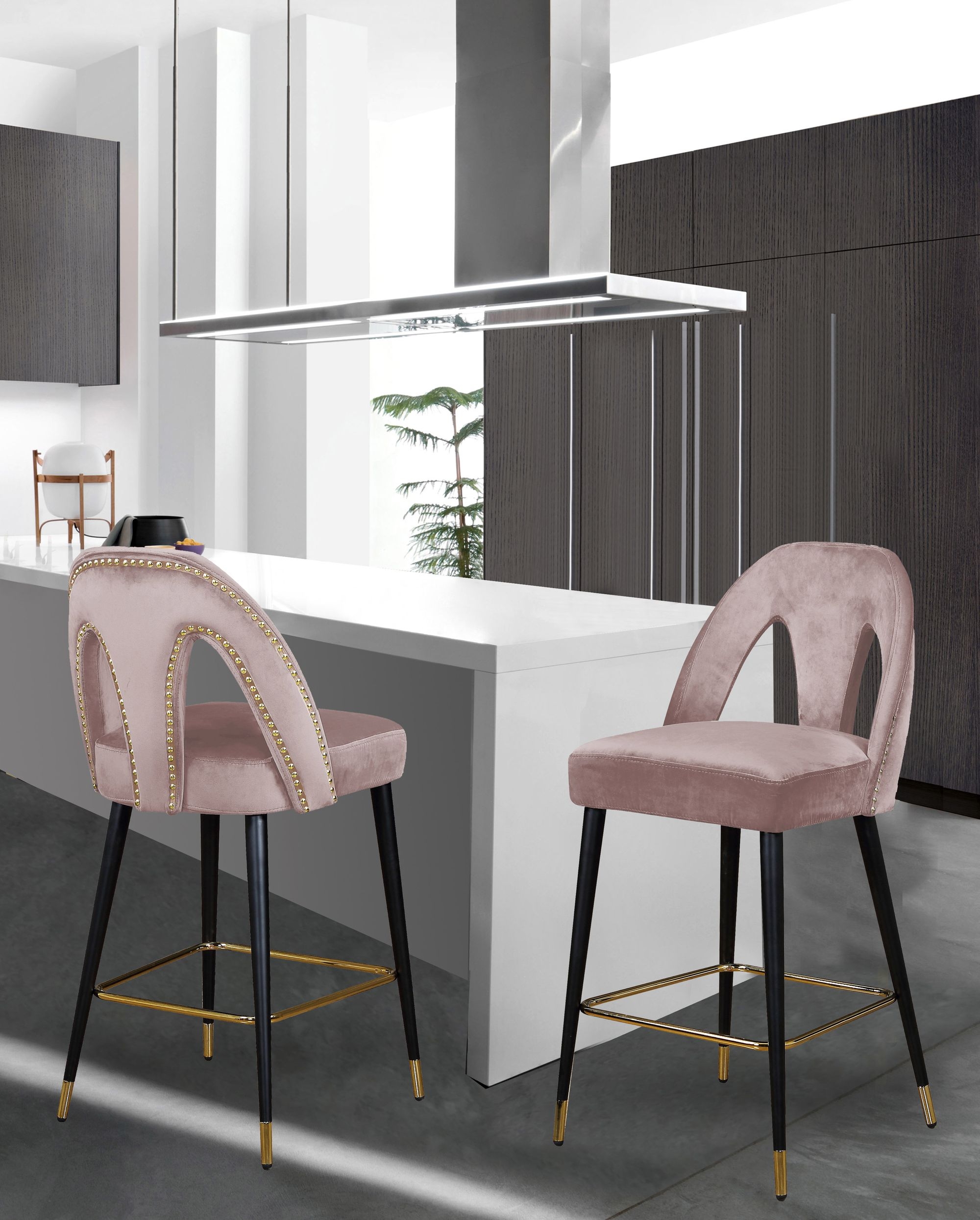 Akoya Velvet Counter Stool with Black Metal Legs & Gold Tips