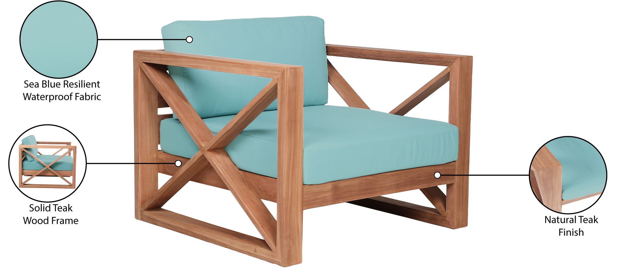 Anguilla Outdoor Patio Waterproof Fabric Accent Chair with Solid Teak Wood Frame