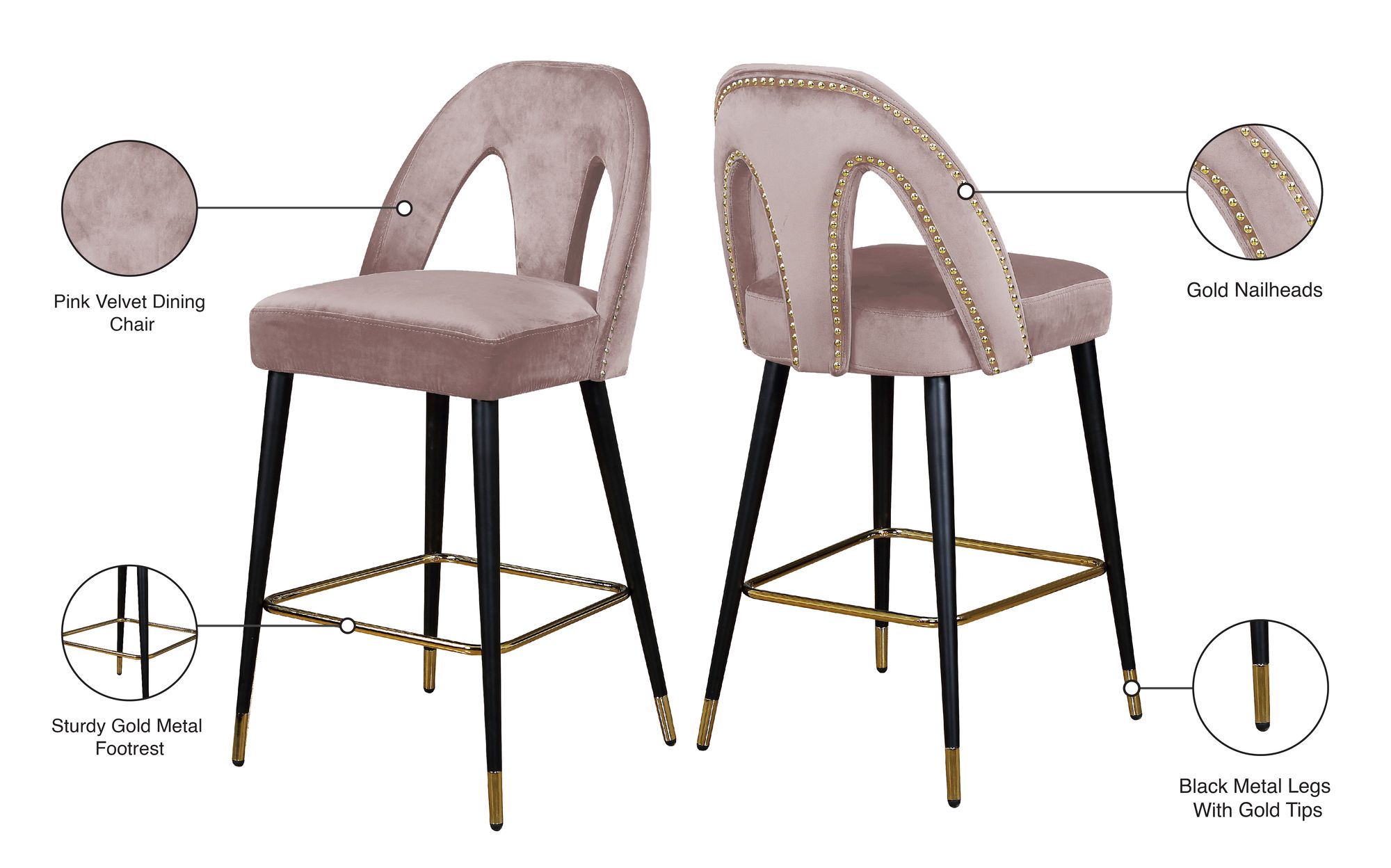 Akoya Velvet Counter Stool with Black Metal Legs & Gold Tips