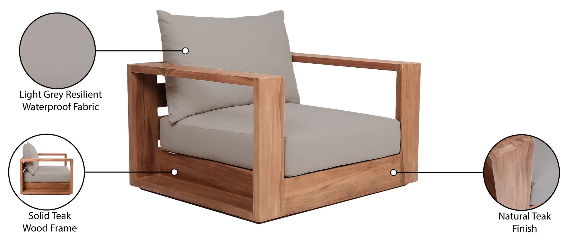 Tulum Outdoor Patio Waterproof Fabric Accent Chair with Solid Teak Wood Frame