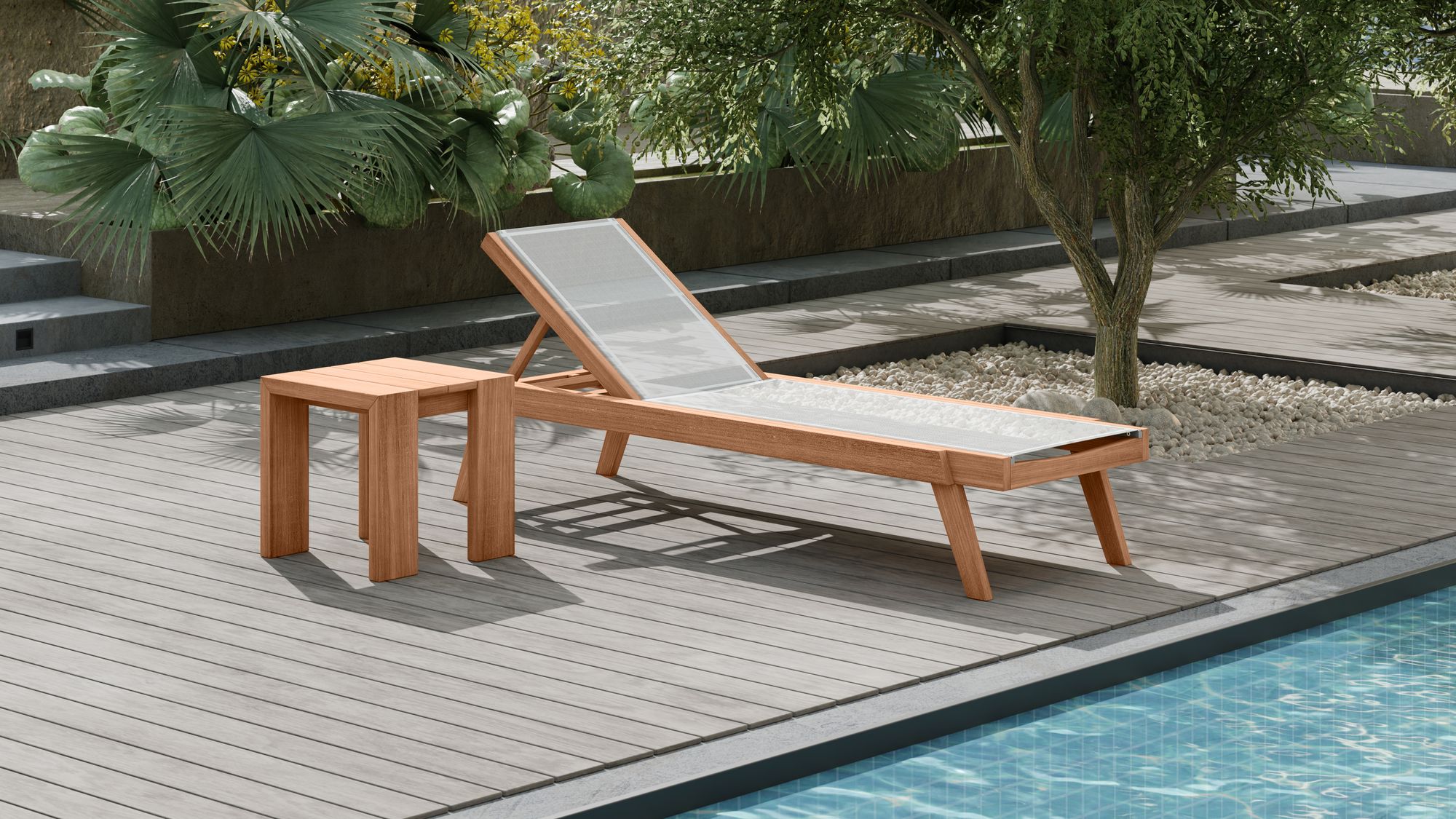 Tulum Outdoor Patio Mesh Waterproof Fabric Chaise Lounge Chair with Solid Teak Wood Frame