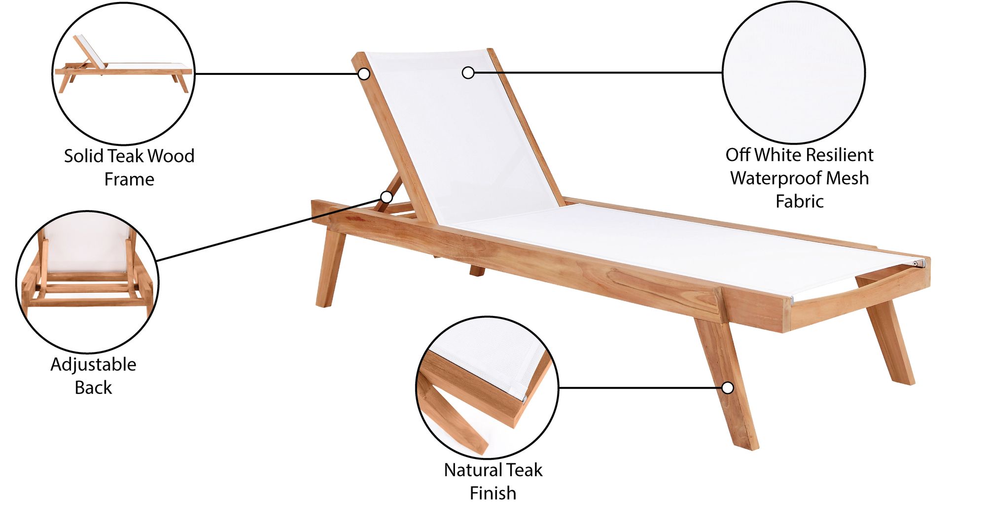 Tulum Outdoor Patio Mesh Waterproof Fabric Chaise Lounge Chair with Solid Teak Wood Frame