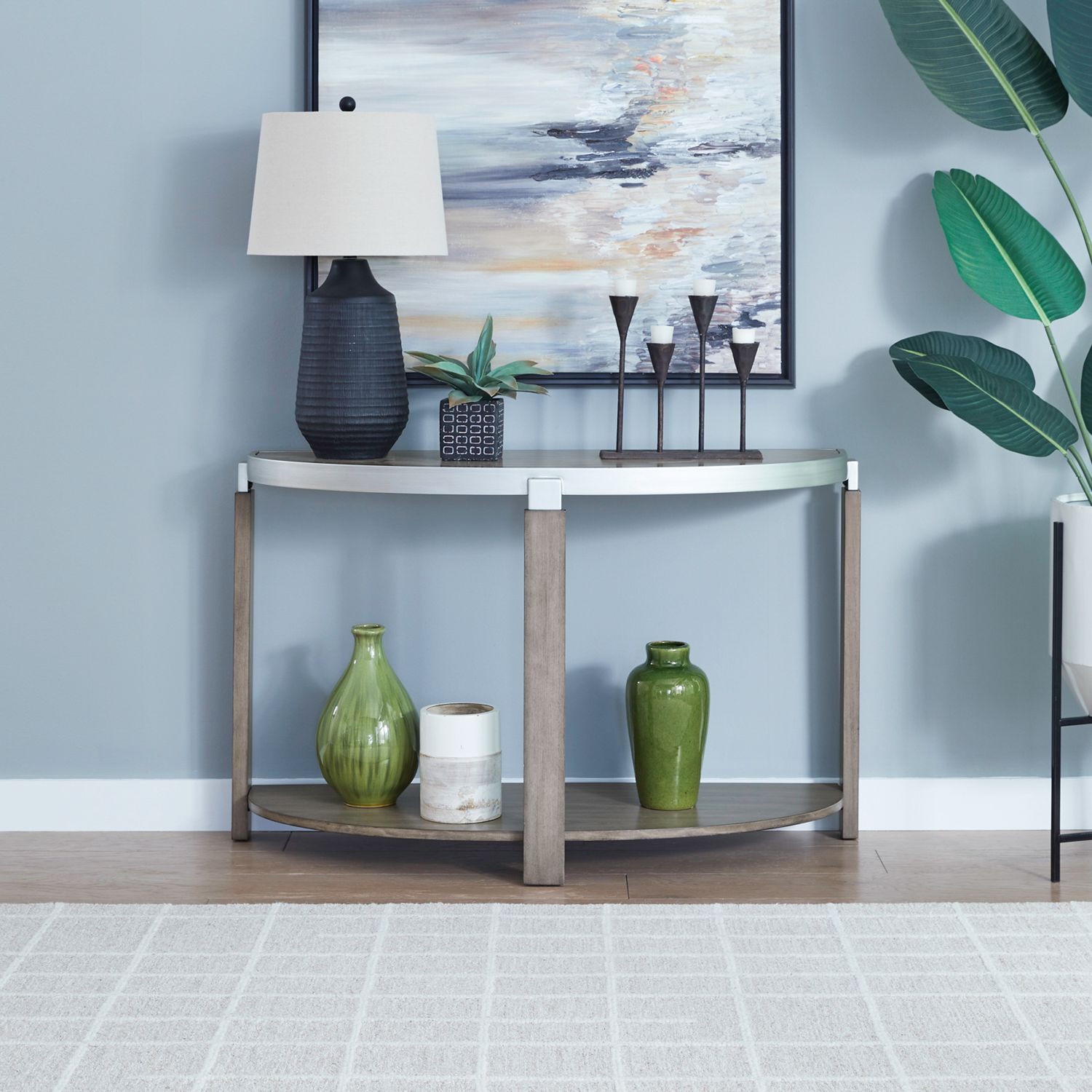 Sutton Curved Wood Sofa Table w/Metal Trim