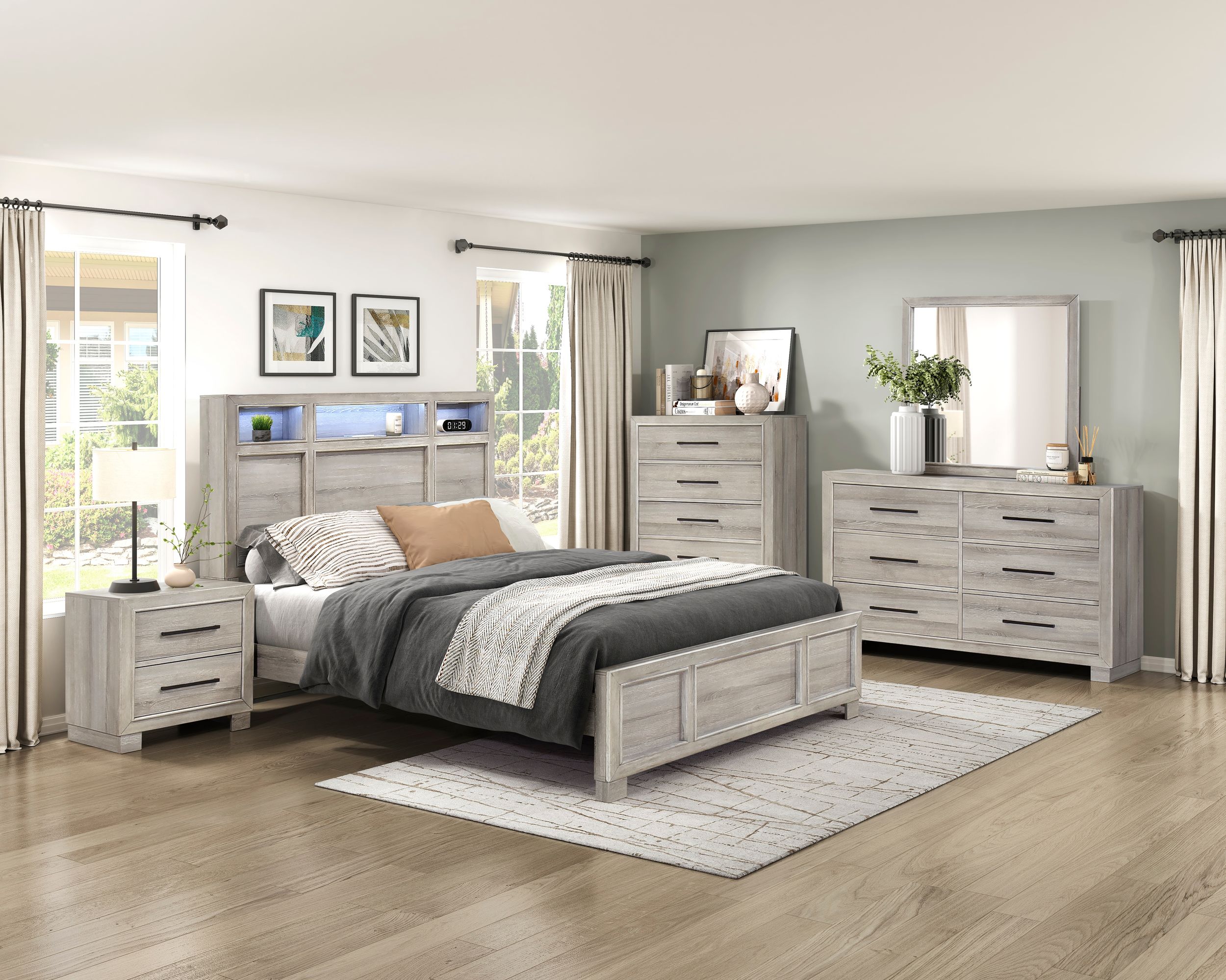 Everett Melamine/Wood Storage Eastern King Panel Bed with LED Lighting