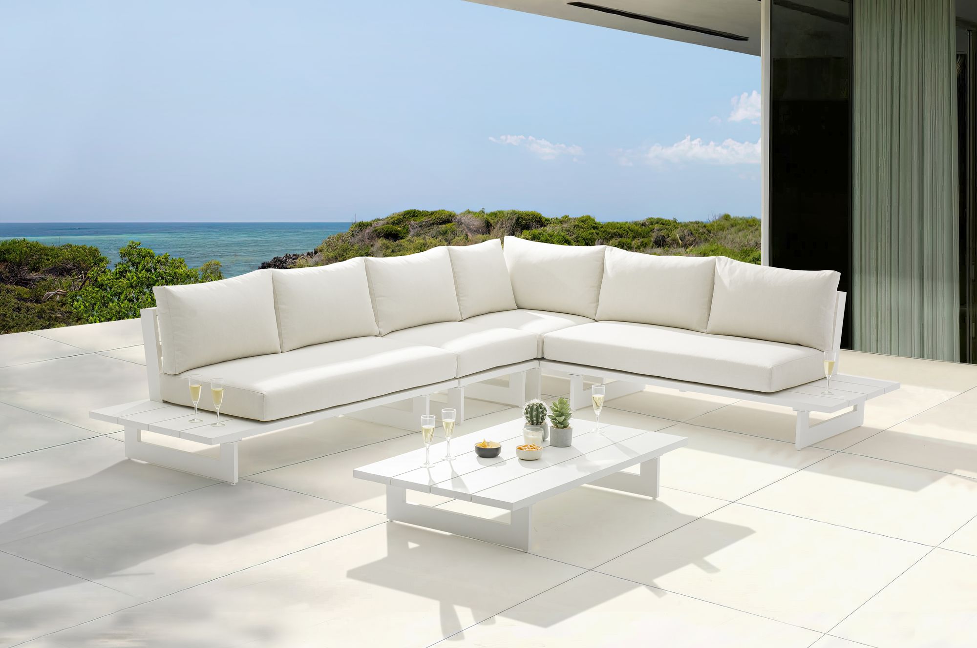 Maldives 102" x 129.5" 4-Piece Outdoor Patio Waterproof Fabric Modular Sectional with White Aluminum Frame
