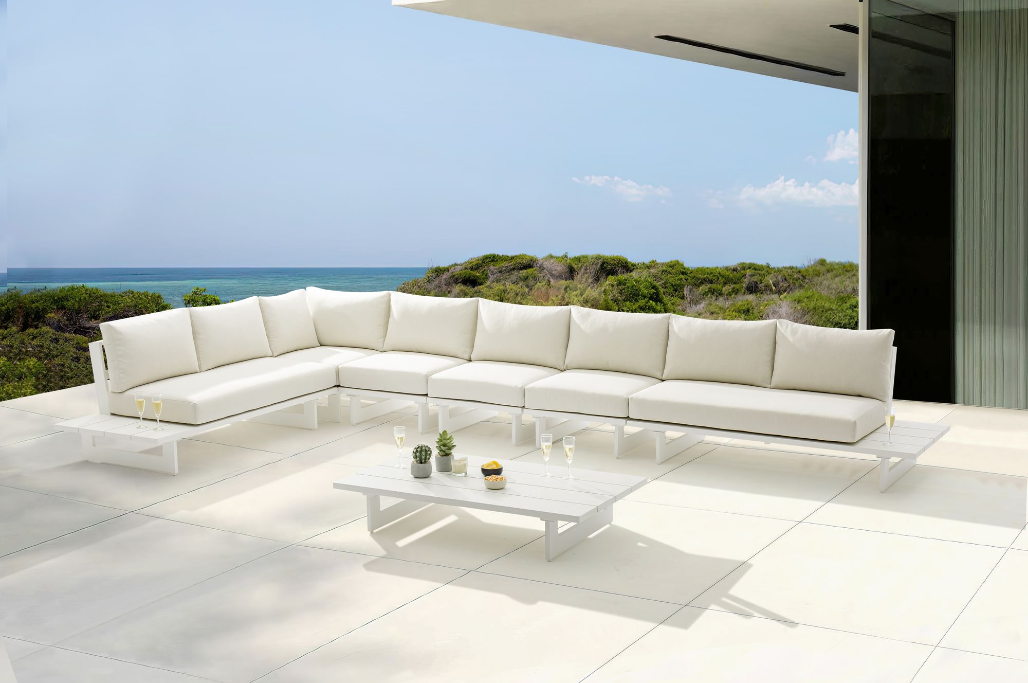 Maldives 184.5" x 102" 6-Piece Outdoor Patio Waterproof Fabric Modular Sectional with White Aluminum Frame