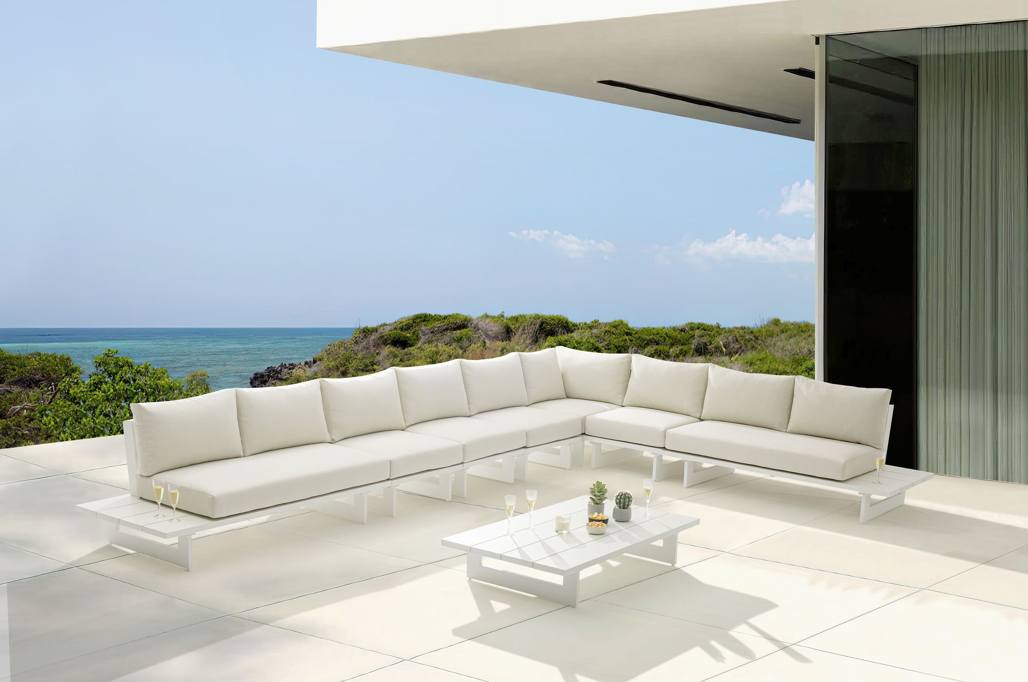 Maldives 129.5" x 184.5" 7-Piece Outdoor Patio Waterproof Fabric Modular Sectional with Aluminum Frame