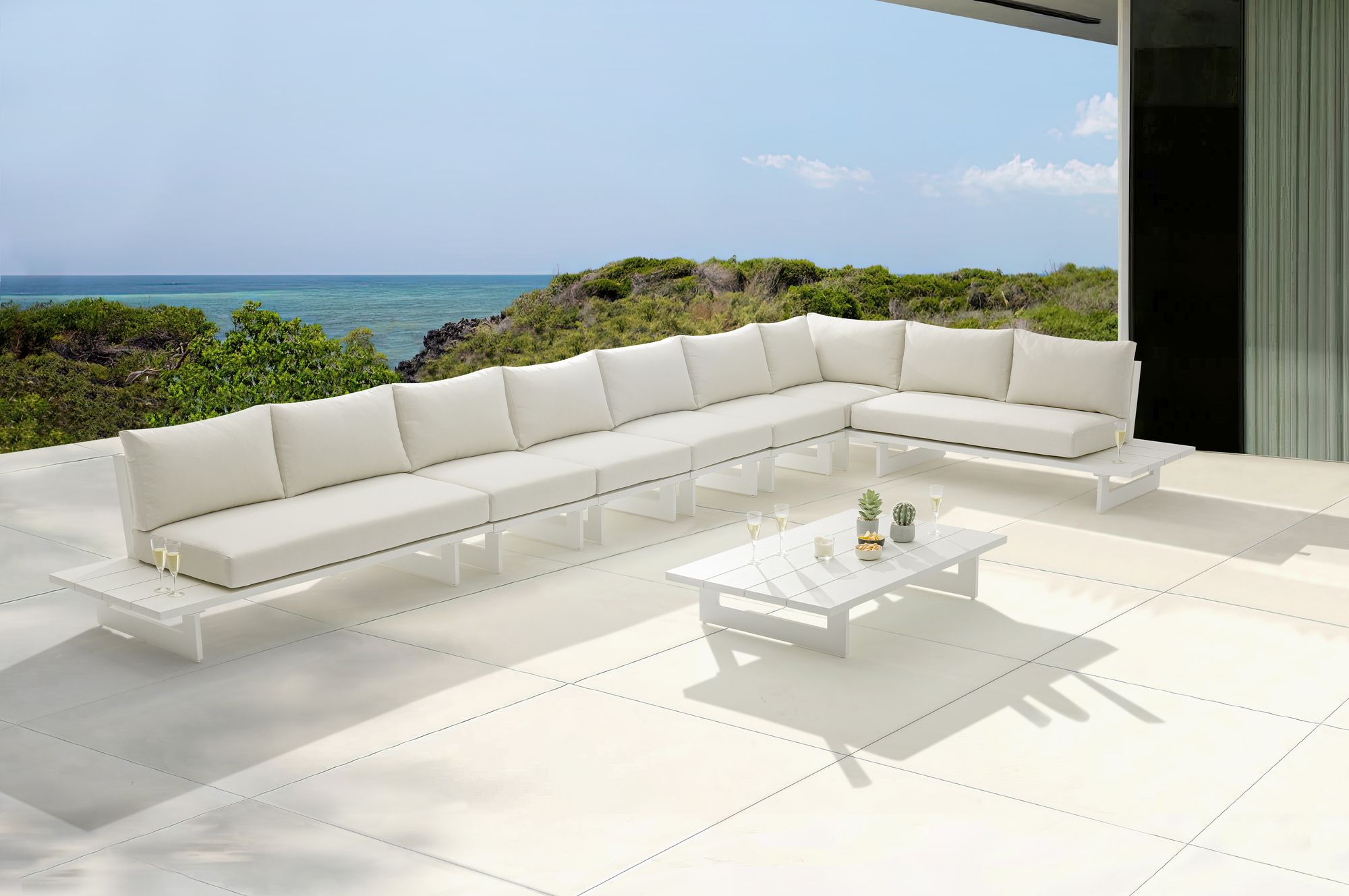Maldives 212" x 102" 7-Piece Outdoor Patio Waterproof Fabric Modular Sectional with White Aluminum Frame, Composition 1