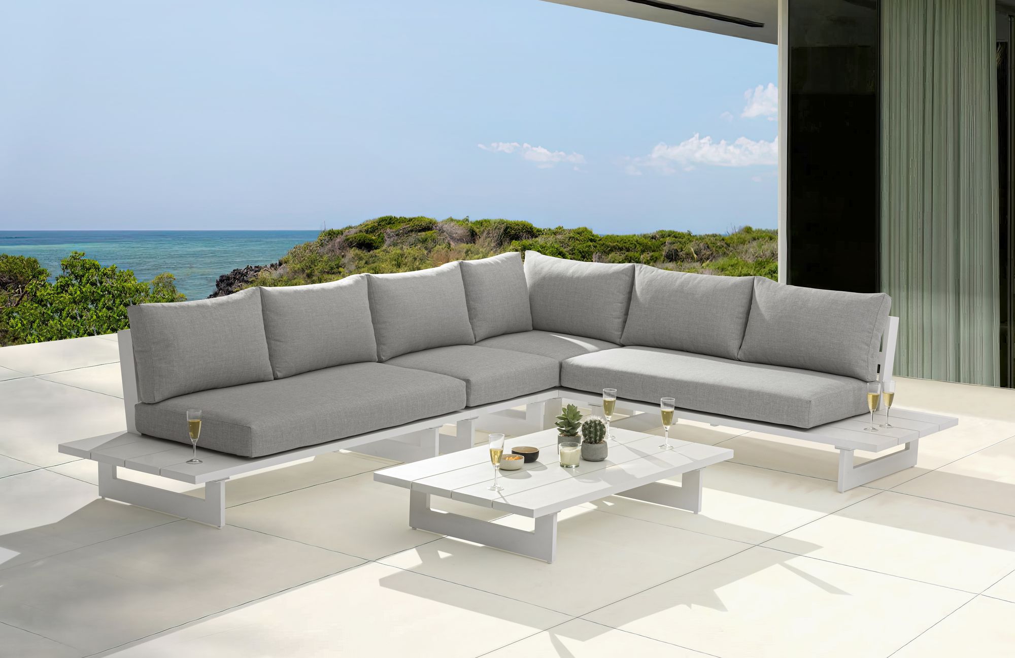 Maldives 102" x 129.5" 4-Piece Outdoor Patio Waterproof Fabric Modular Sectional with White Aluminum Frame