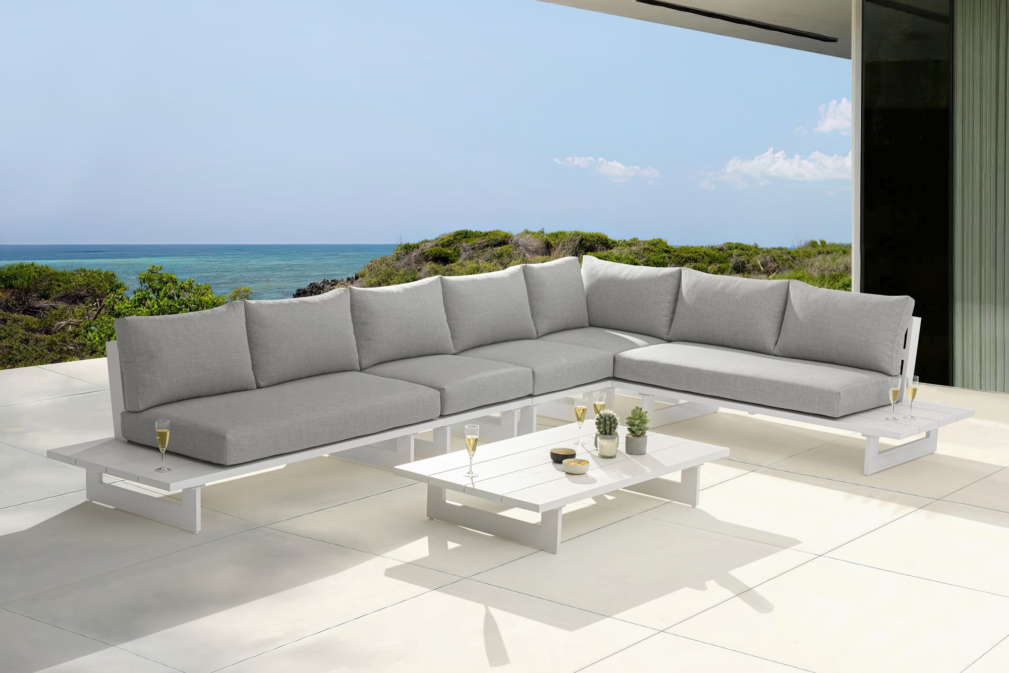 Maldives 157" x 102" 5-Piece Outdoor Patio Waterproof Fabric Modular Sectional with White Aluminum Frame