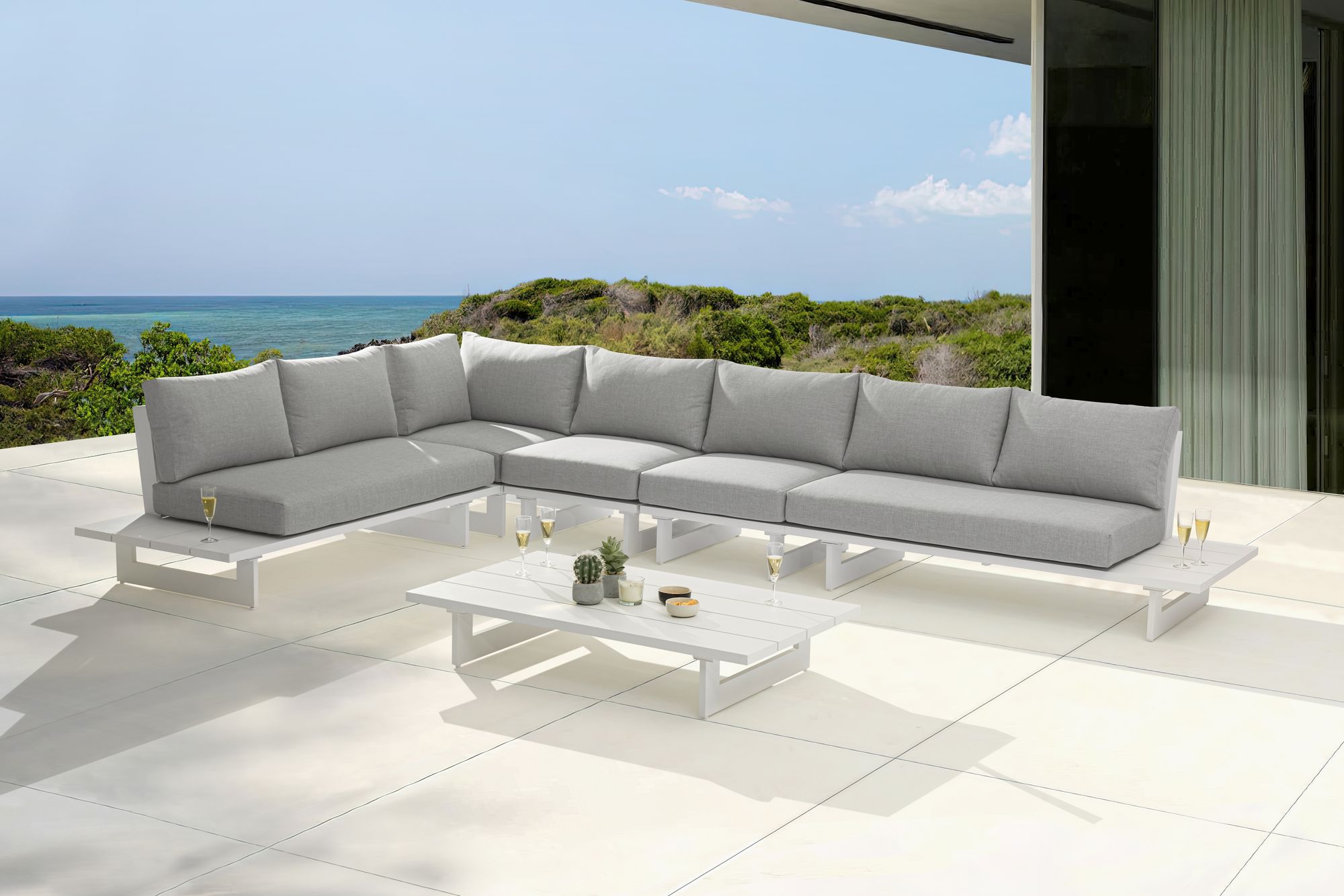 Maldives 102" x 157" 5-Piece Outdoor Patio Waterproof Fabric Modular Sectional with White Aluminum Frame
