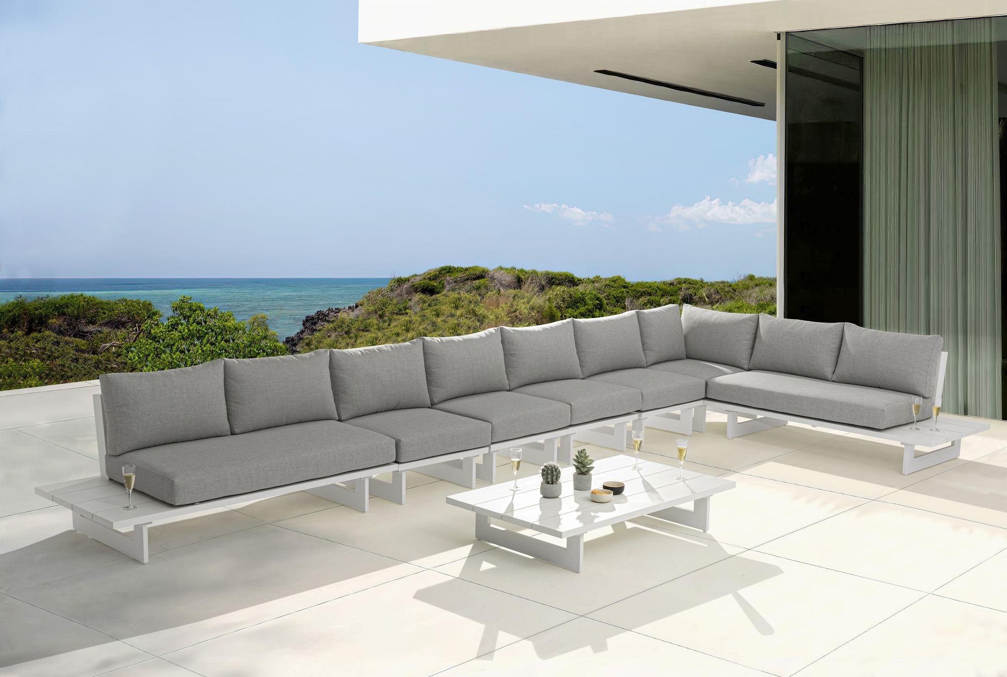 Maldives 212" x 102" 7-Piece Outdoor Patio Waterproof Fabric Modular Sectional with White Aluminum Frame, Composition 1