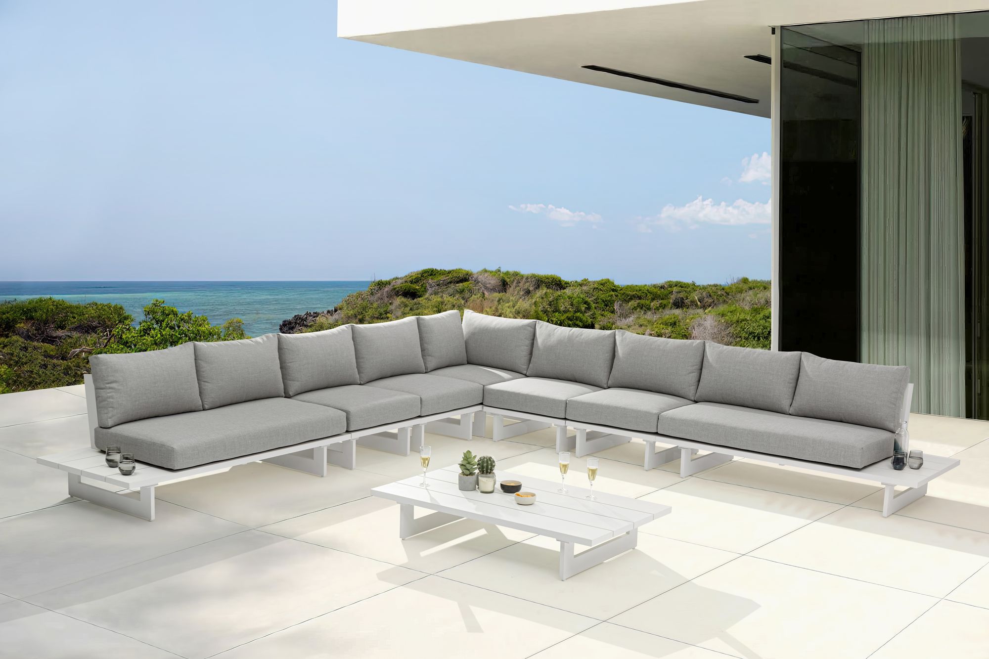 Maldives 157" 7-Piece Outdoor Patio Waterproof Fabric Modular Sectional with White Aluminum Frame