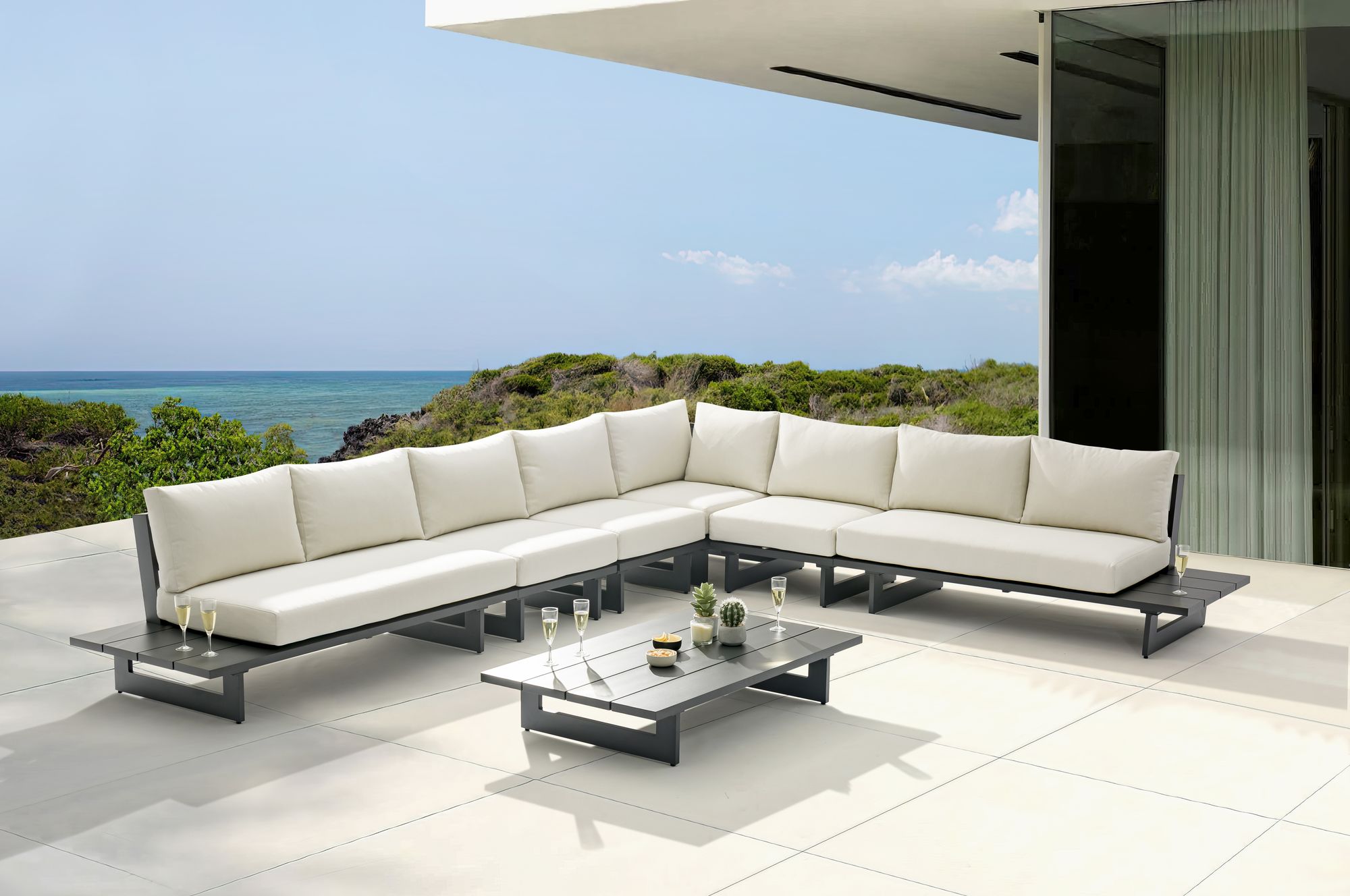 Maldives 157" x 129.5" 6-Piece Outdoor Patio Waterproof Fabric Modular Sectional with Dark Grey Aluminum Frame